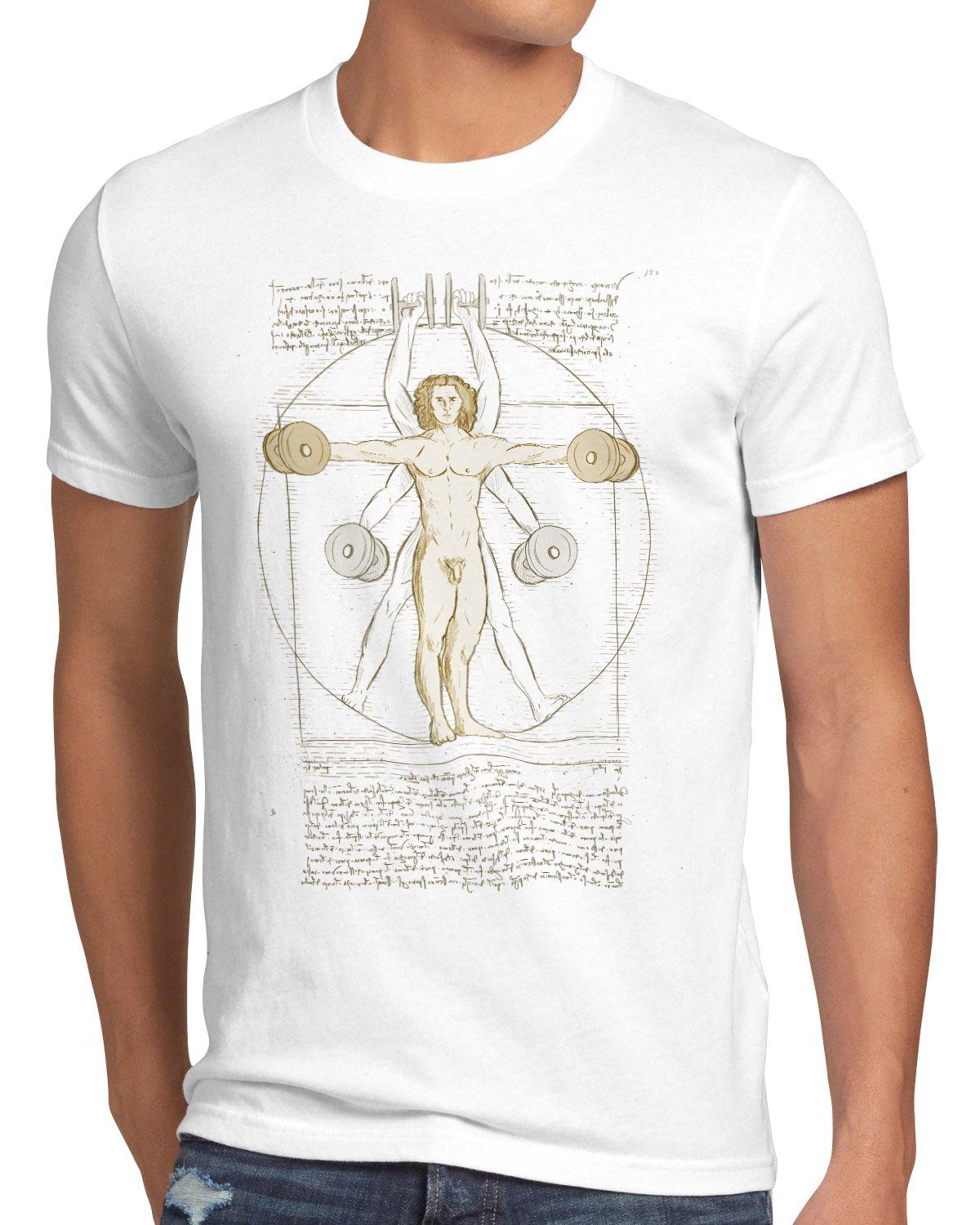 style3 Print-Shirt Herren T-Shirt Vitruvianischer Mensch mit Kurzhantel butterfly rudern training weiß