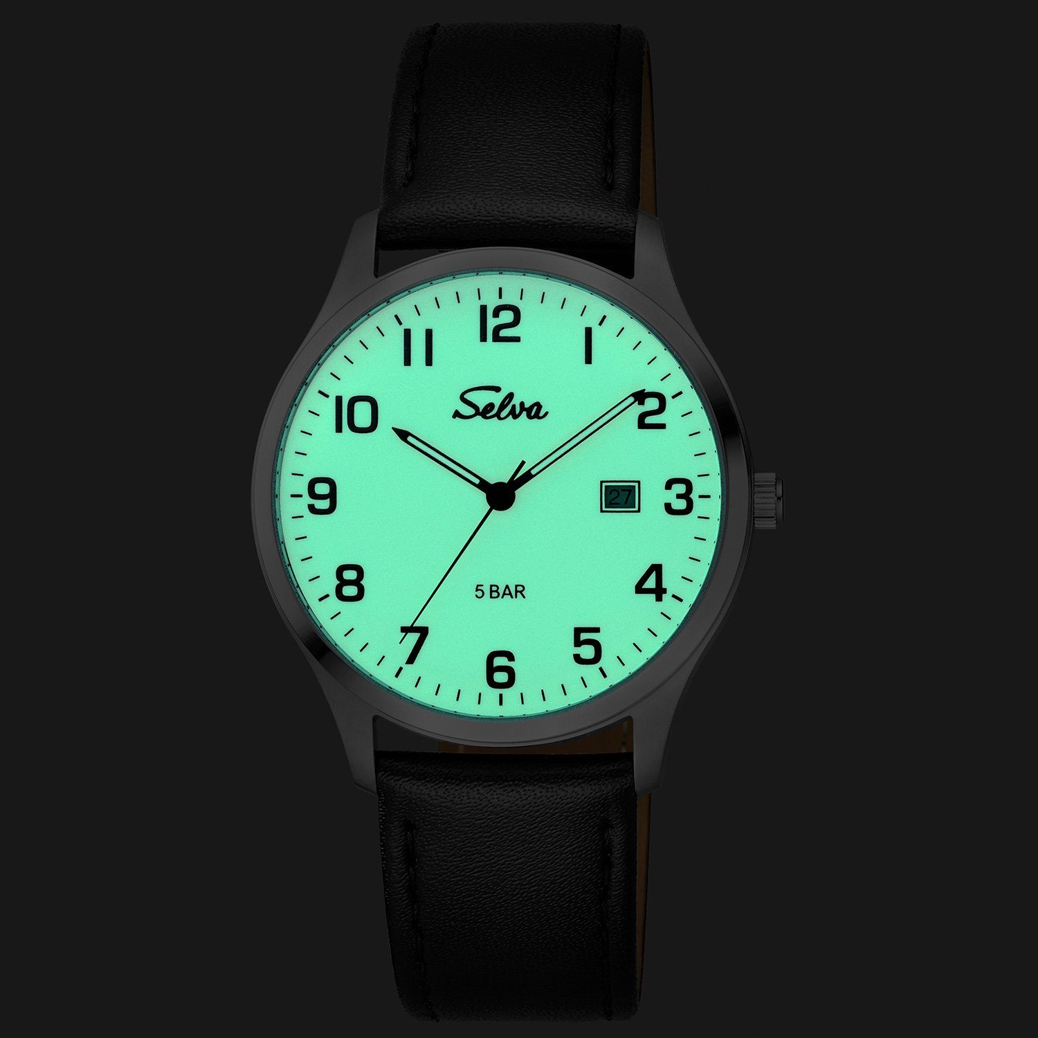 Selva Technik Quarzuhr SELVA Quarz-Armbanduhr 39mm Ø Zifferblatt Lederband mit weiß, Gehäuse vergoldet leuchtend