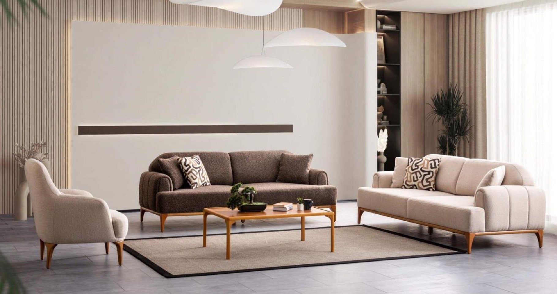 Möbel Nur Luxus, Sitzer JVmoebel Wohnzimmer 3+3+1 Sessel), Made Sitzer 3 + Beige Europe Sofagarnitur Moderne (3-St., Wohnzimmer-Set in 2x
