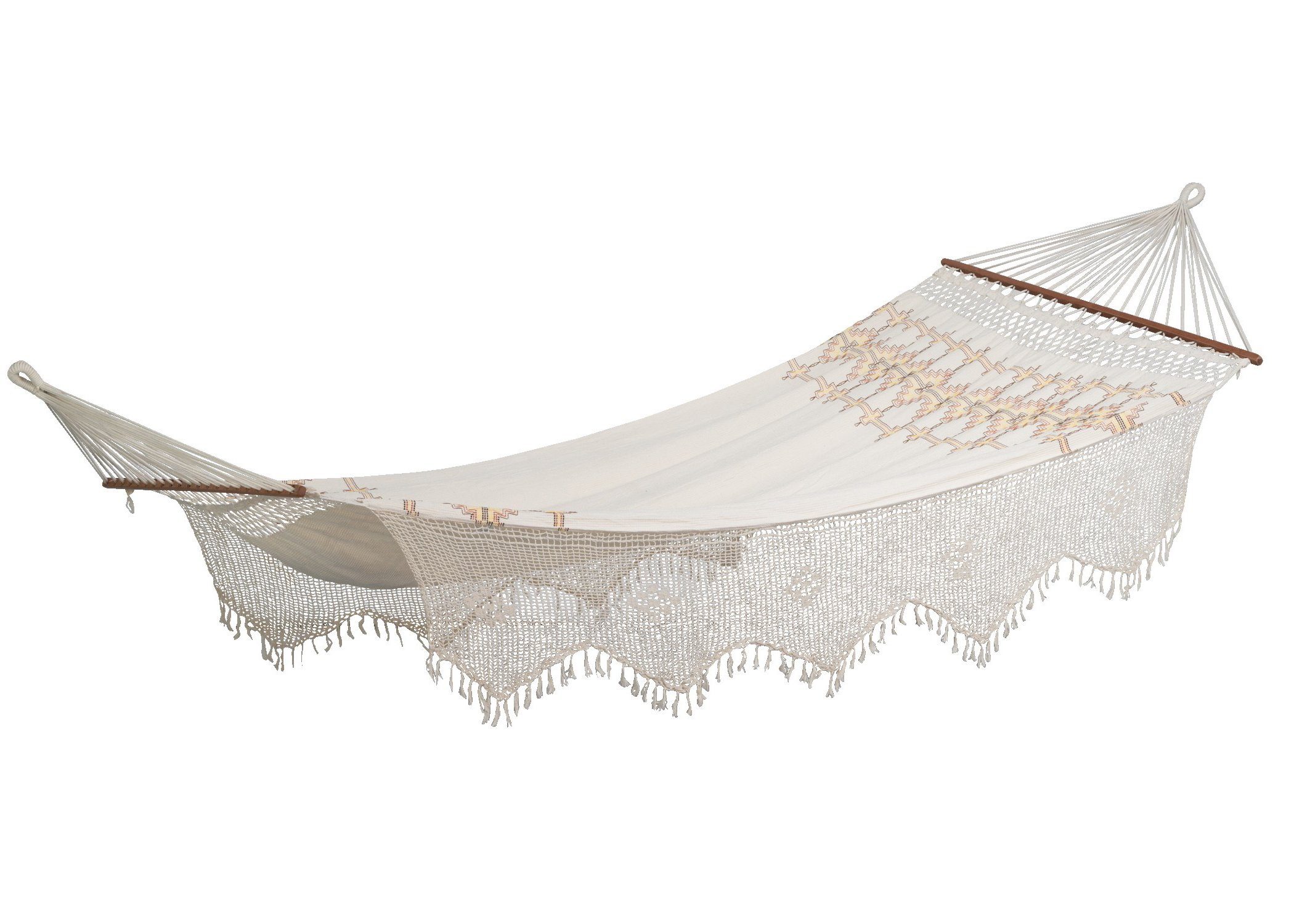 Amazonas Stabhängematte Hängematte Palacio Boho Scandi Edition, Waffelpiqué, schwedische Stickerei, Zierborte gehäkelt, Macraméearbeit