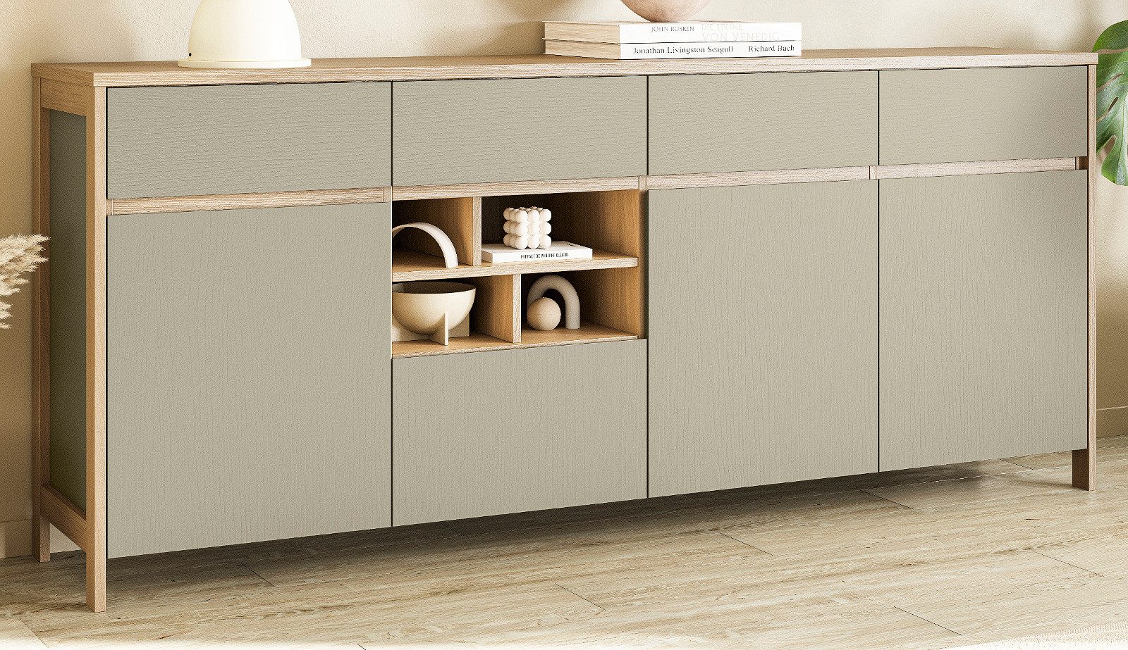 Furn.Design Sideboard Finnes (Anrichte in Salbei mit Skandi Eiche, 193 x 85 cm), mit viel Stauraum und Soft-Close-Funktion