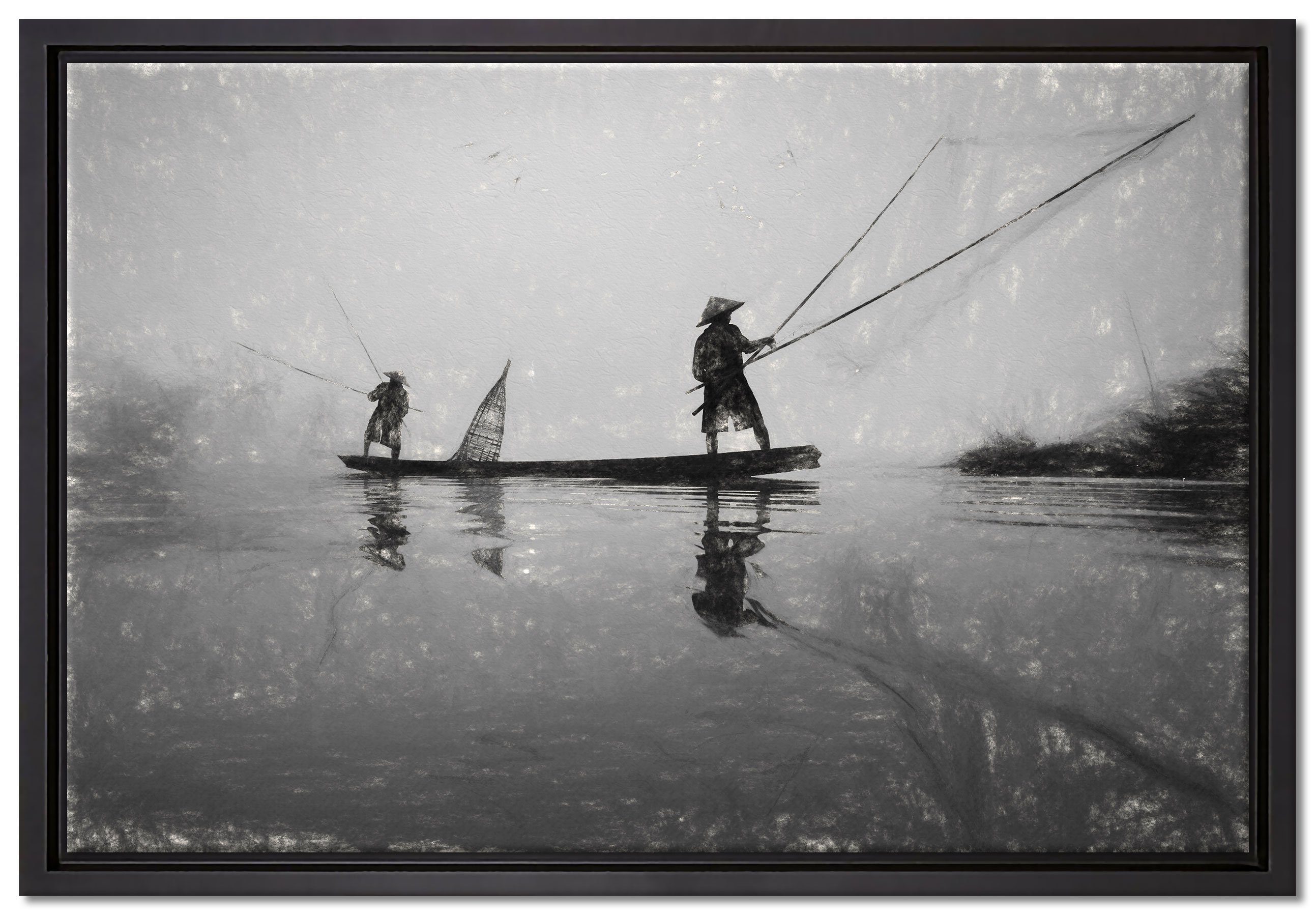 St), Wanddekoration Pixxprint Zackenaufhänger einem Fischer fertig in Thailand, inkl. beim gefasst, in (1 Leinwandbild Angeln Schattenfugen-Bilderrahmen bespannt, Leinwandbild