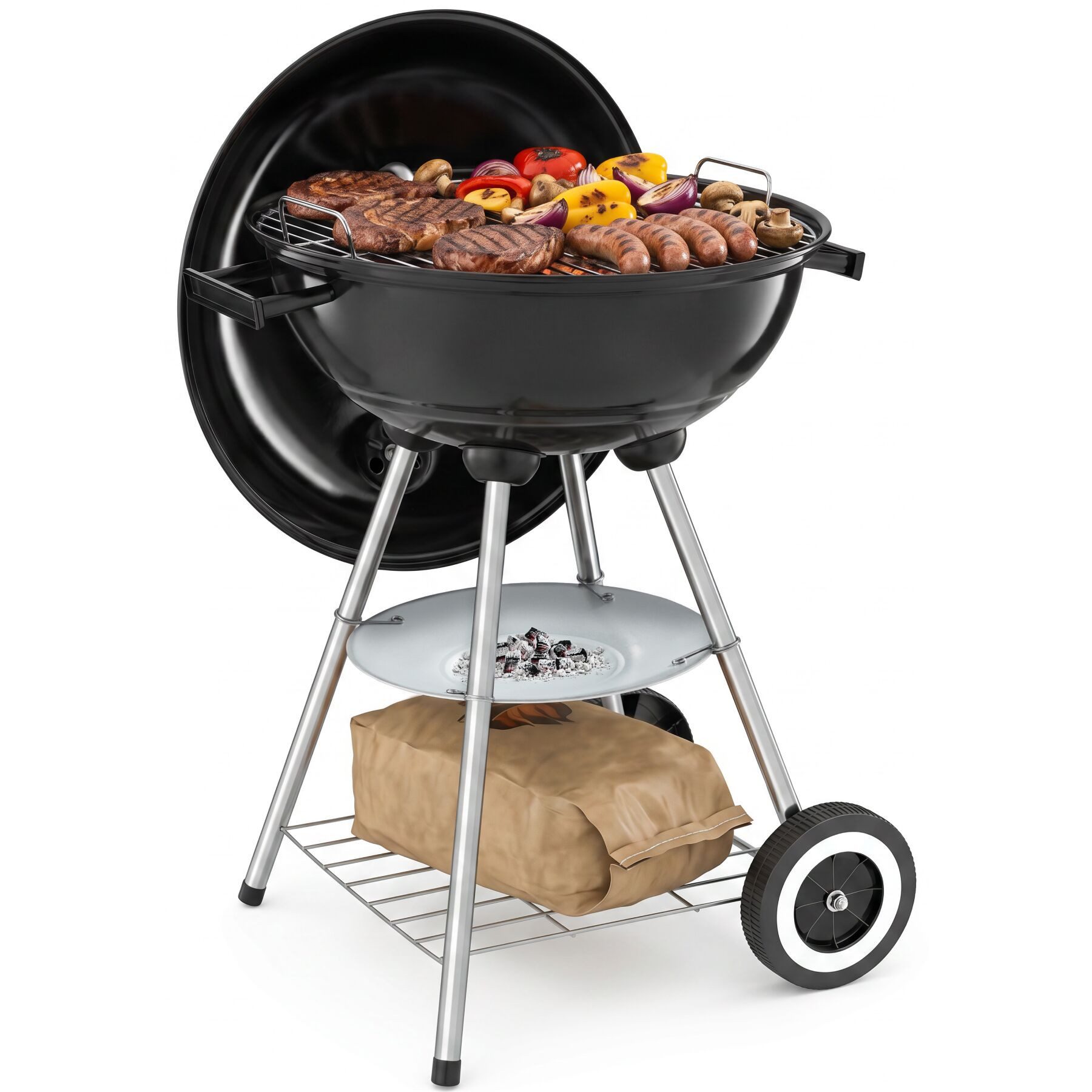 tectake Holzkohlegrill Kugelgrill - großer verchromter Rost & abnehmbare Ascheschale, Grillwagen, in schwarz/silber, leichtgängige Räder und regulierbare Luftzufuhr