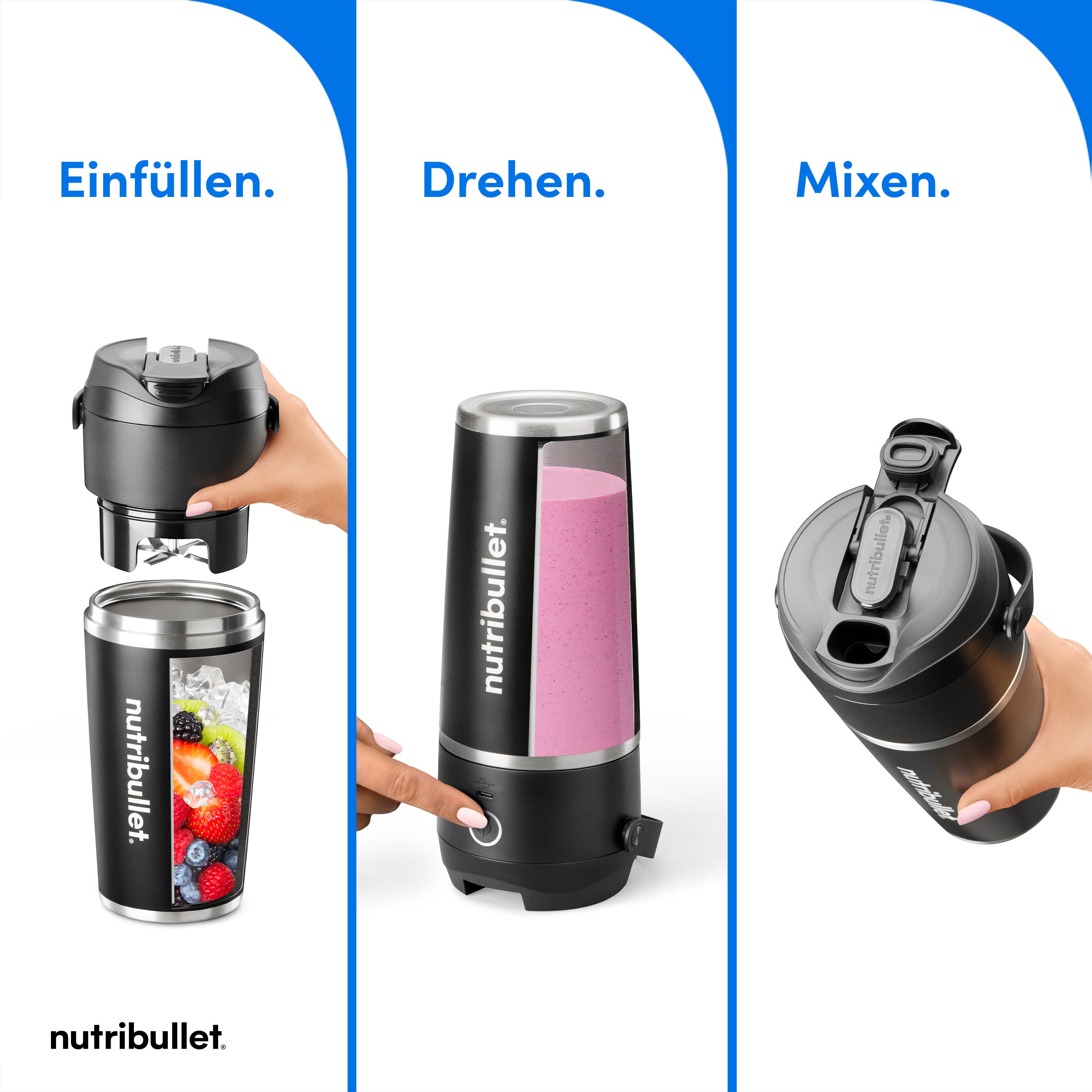 nutribullet Smoothie-Maker Flip NBP016B - Smoothie Mixer to go, Akku, isoliert, 575ml, Schwarz, Kabellos mixen, wiederaufladbar, isoliert, für Eis + gefrorene Früchte