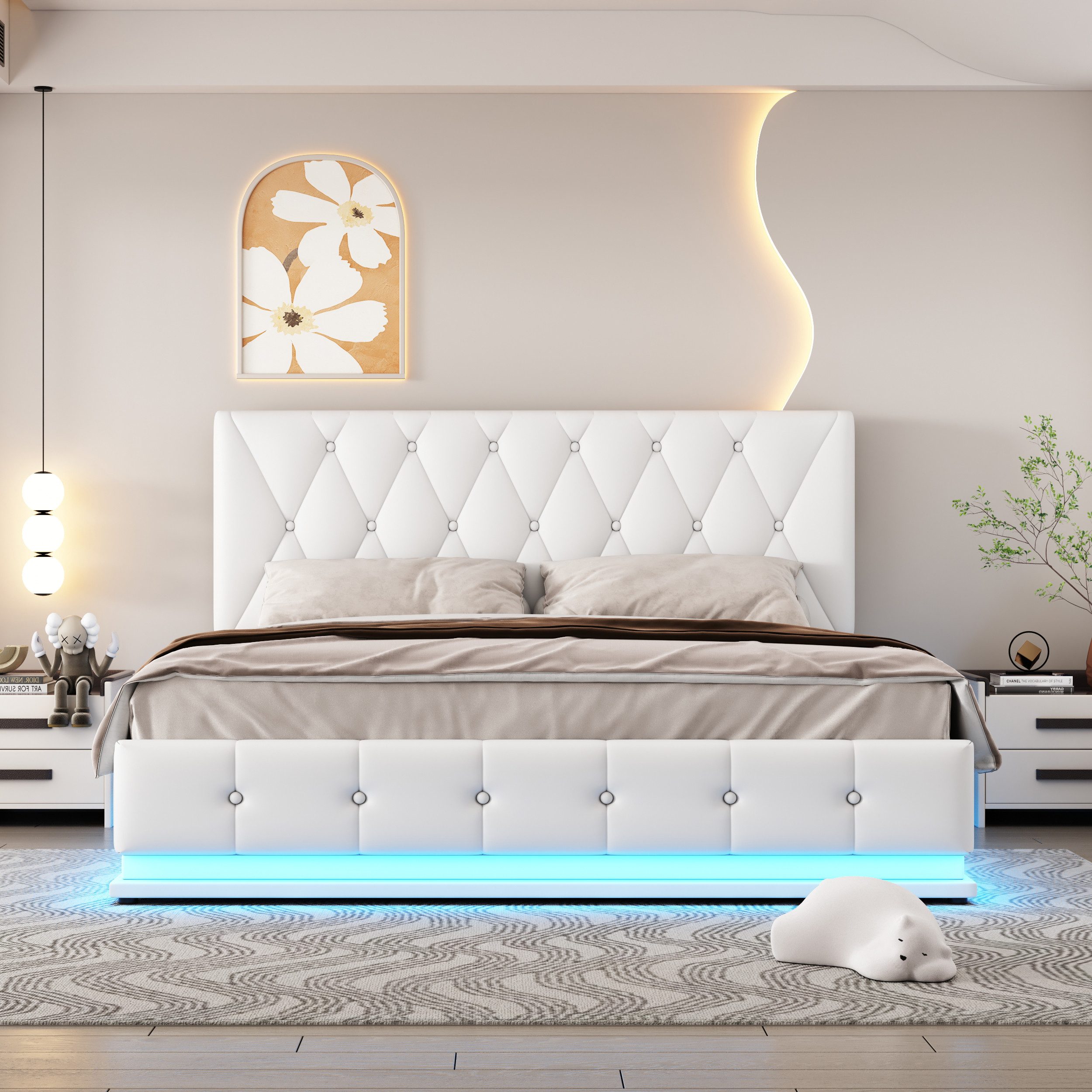 IDEASY Polsterbett Doppelbett, 140x200 cm, mit LED-Beleuchtung, (hydraulisch hebbarer Bettkasten, Kunstleder, hohe Belastbarkeit), höhenverstellbares Kopfteil