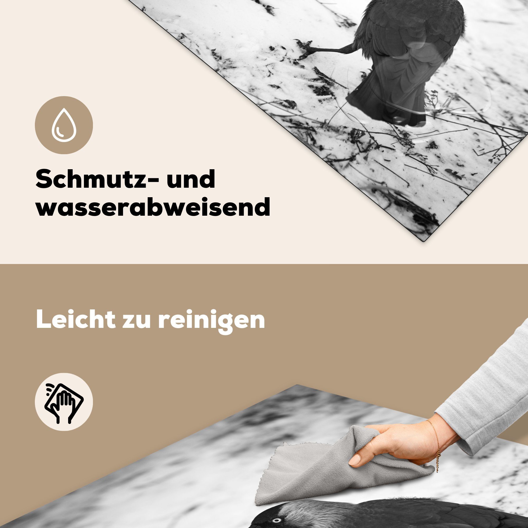 MuchoWow Herdblende-/Abdeckplatte Eine Dohle im Ceranfeldabdeckung, 78x78 tlg), Arbeitsplatte im für (1 küche Schnee Vinyl, Winter, cm