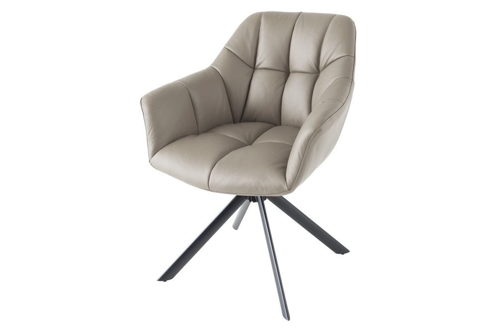 riess-ambiente Polsterstuhl PAPILLON taupe/schwarz – Echtleder, Metall, mit Armlehne, Steppung (Einzelartikel, 1 St), 180° drehbar & automatischer Rückführung – ideal für Esszimmer & Büro
