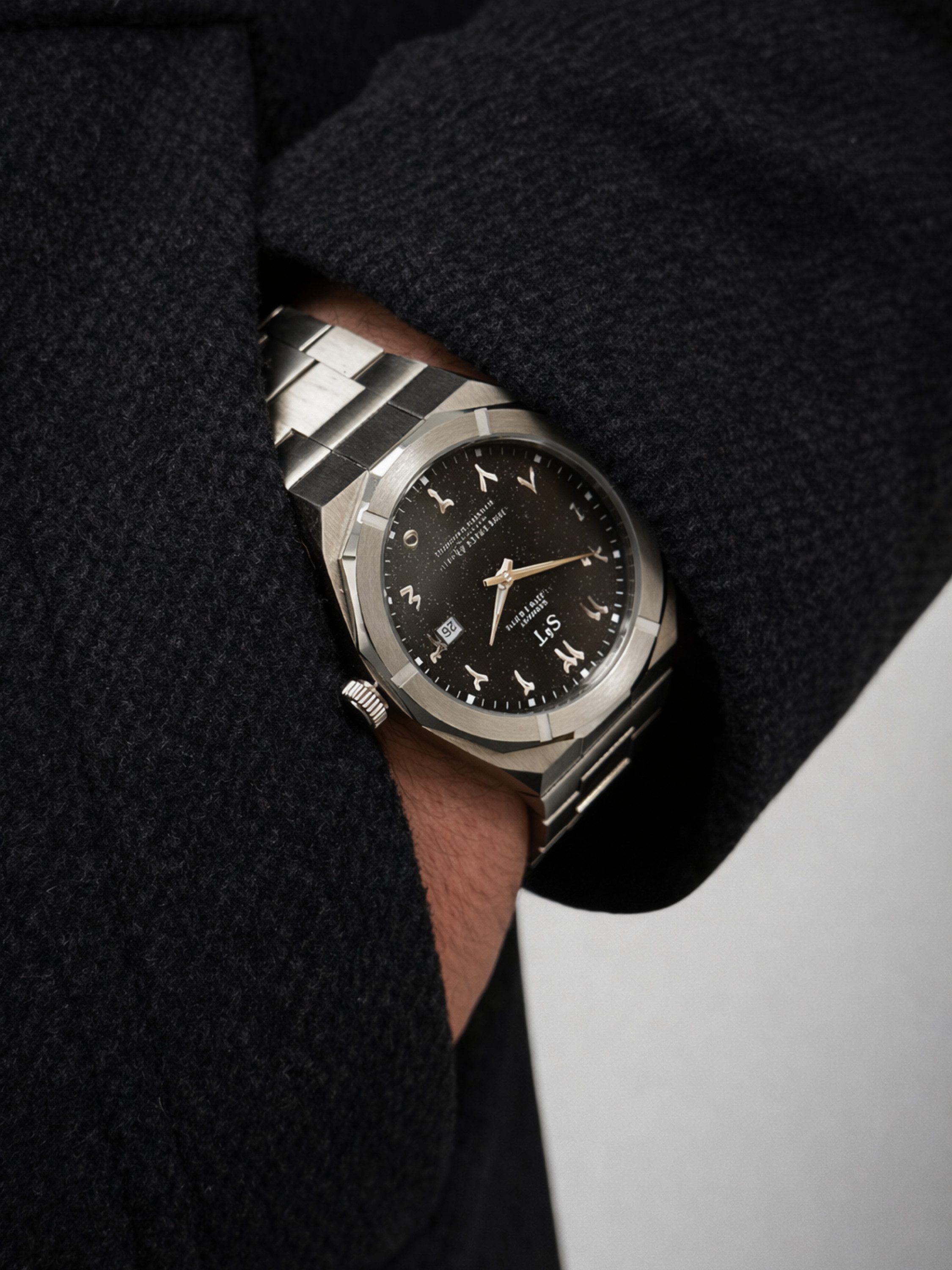 S&T Design Quarzuhr Armbanduhr Arabische Zahlen Frosted Iced Edelstahl Datum Herrenuhr TIME SPACE ARABIC, (Packung, inkl. Uhrenbox), Japanisches Quarzwerk 40mm Leuchtzeiger Sternenhimmel Frosted