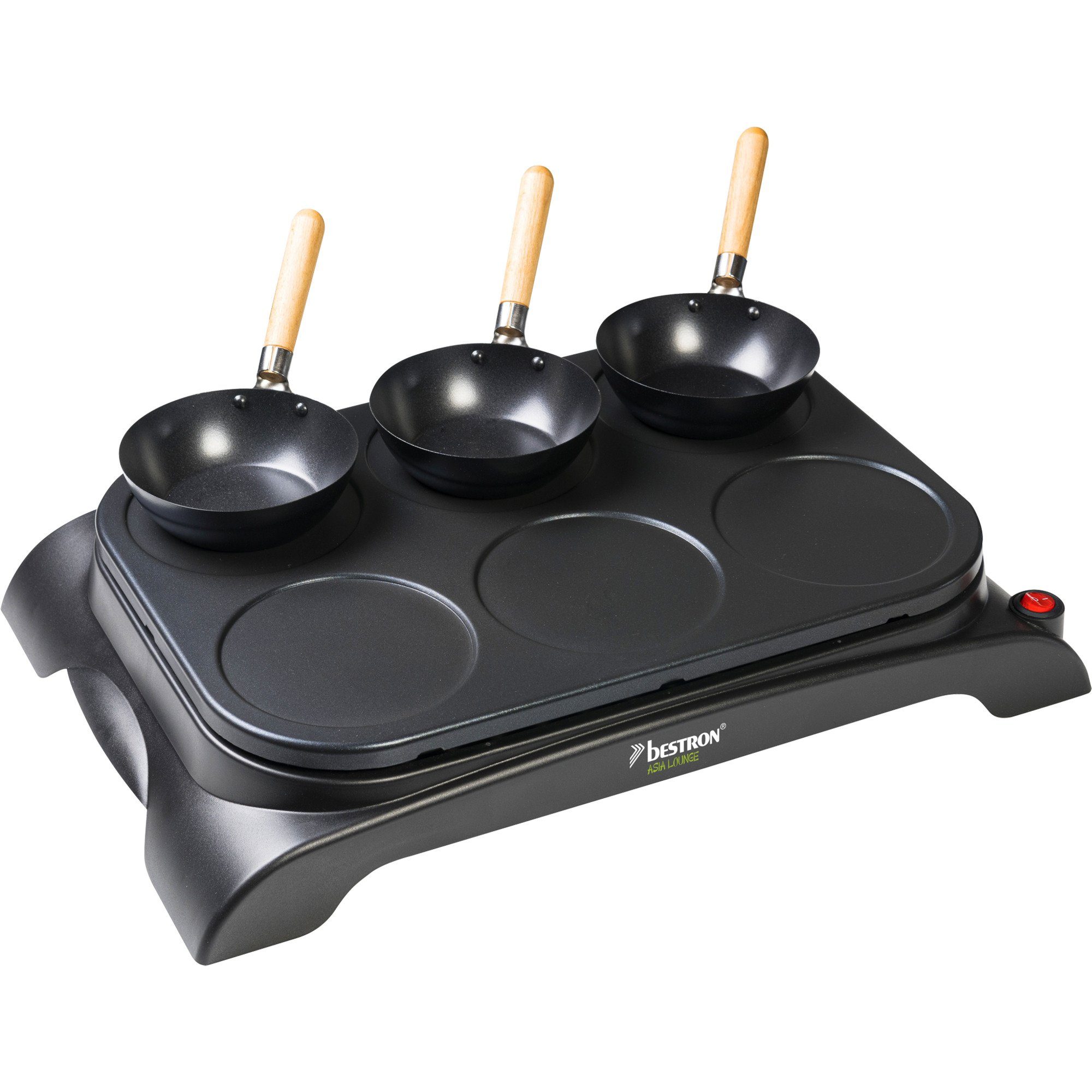 bestron Raclette AWS600, 6 Raclettepfännchen, 1000 W, Mini Wok Pfannen für 6  Personen, inkl. 6 Holzspatel & 1 Schöpflöffel, Ausstattung: automatische  Temperaturregelung