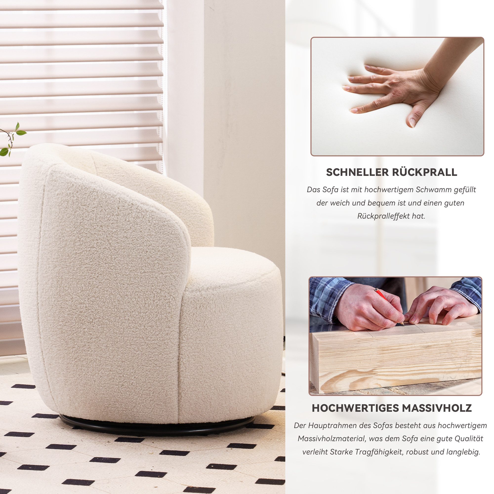 i@home Polsterstuhl Polsterstuhl Drehbarer Lounge-Sessel aus Teddy-Stoff, Gemütlicher Akzentstuhl im Fass-Design, 360° Rundfuß, gepolstert