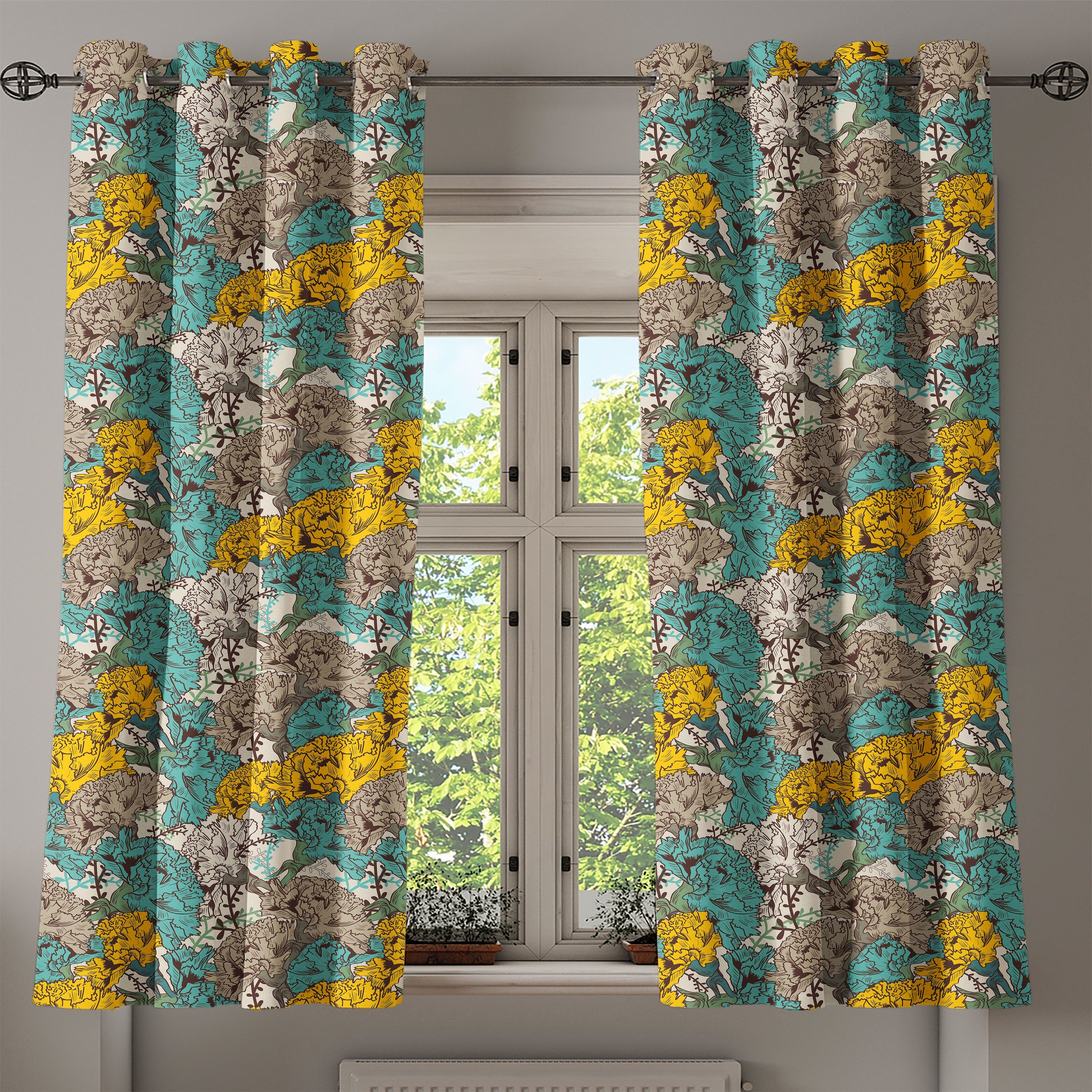 Gardine Dekorative Abakuhaus, Zeichnungs-Art-Weinlese für Blumen 2-Panel-Fenstervorhänge Wohnzimmer, Schlafzimmer