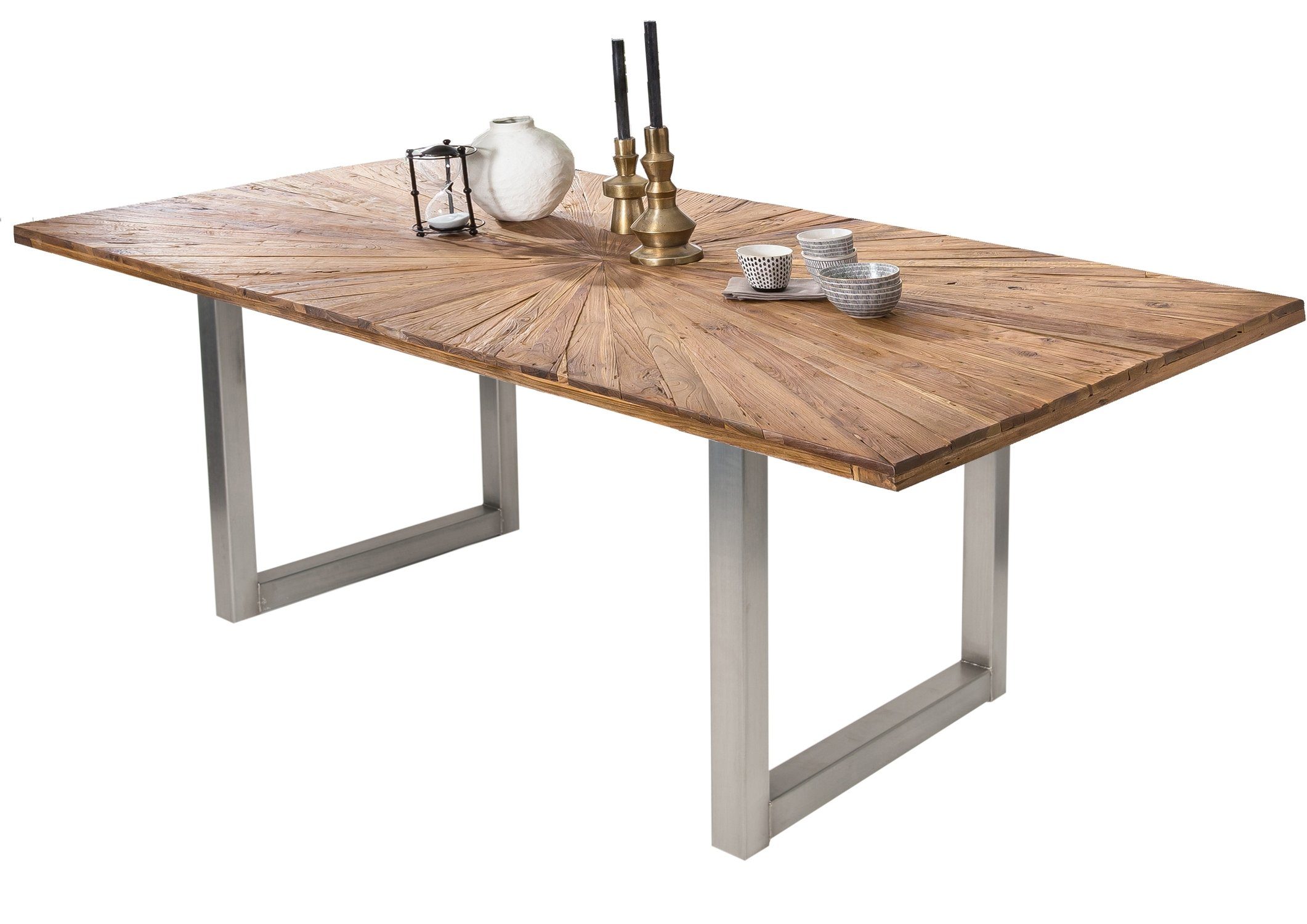 TPFLiving Esstisch Linos - Platte recyceltes Teak, Gestell Metall (Tischplatte in besonderem Design - Platte natur, Gestell antiksilber, Esstisch - Desinger Tisch Luxus - Esstisch massiv), Plattenstärke 50 mm - Esstisch 160x90cm