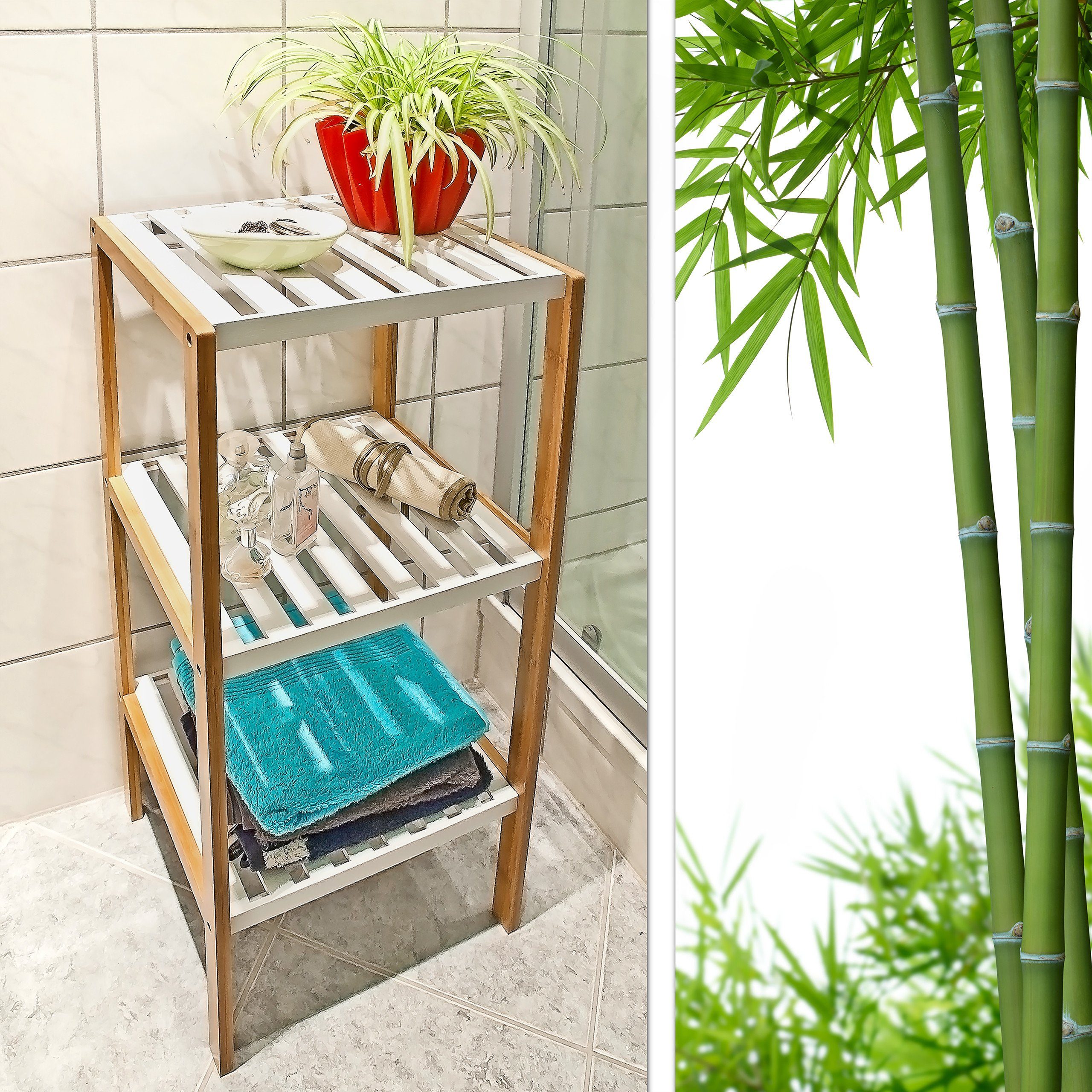 relaxdays Handtuchständer Regal Bambus 3 Ablagen mit