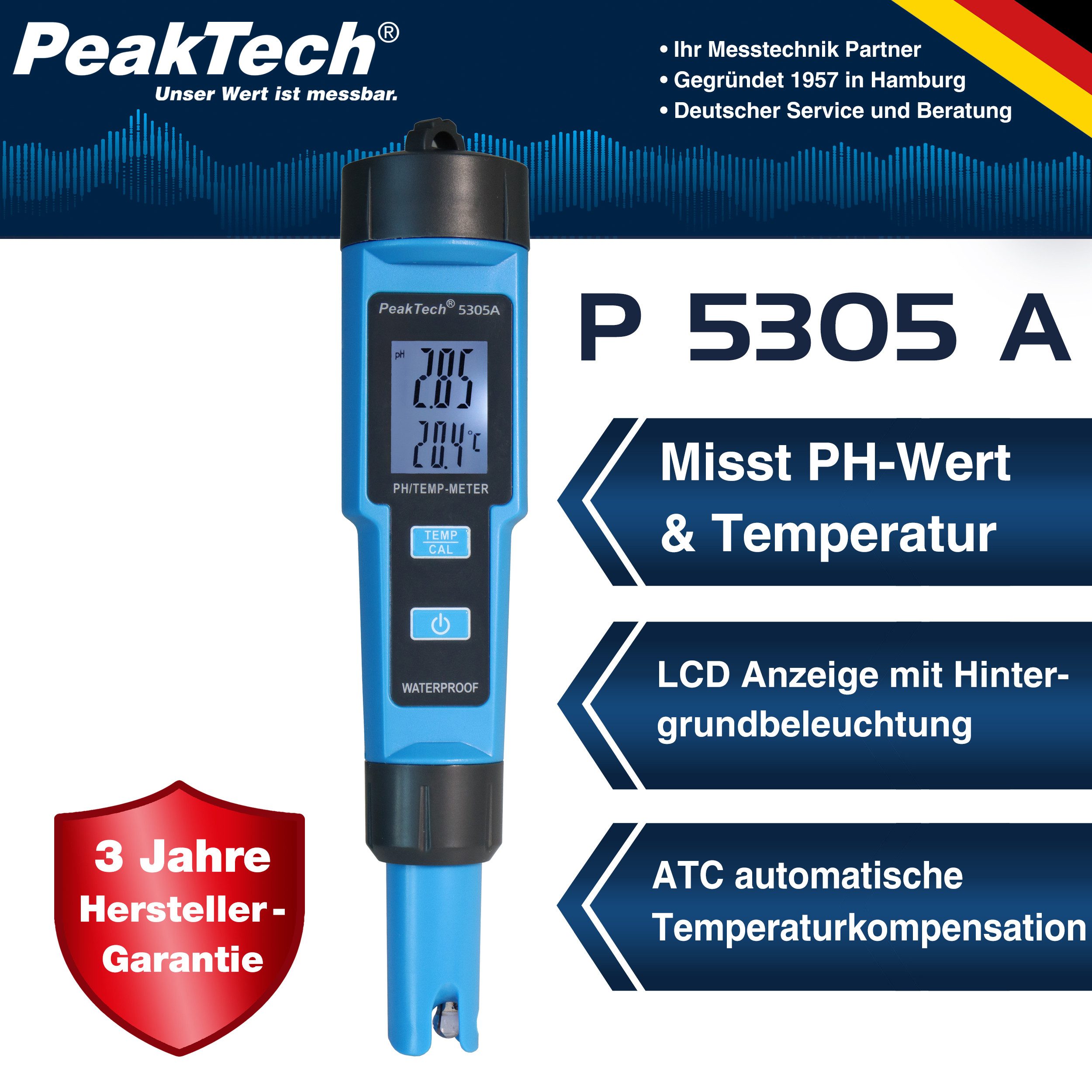 PeakTech Wassersensor 2 in 1 pH-Meter in Stiftform für pH/TEMP