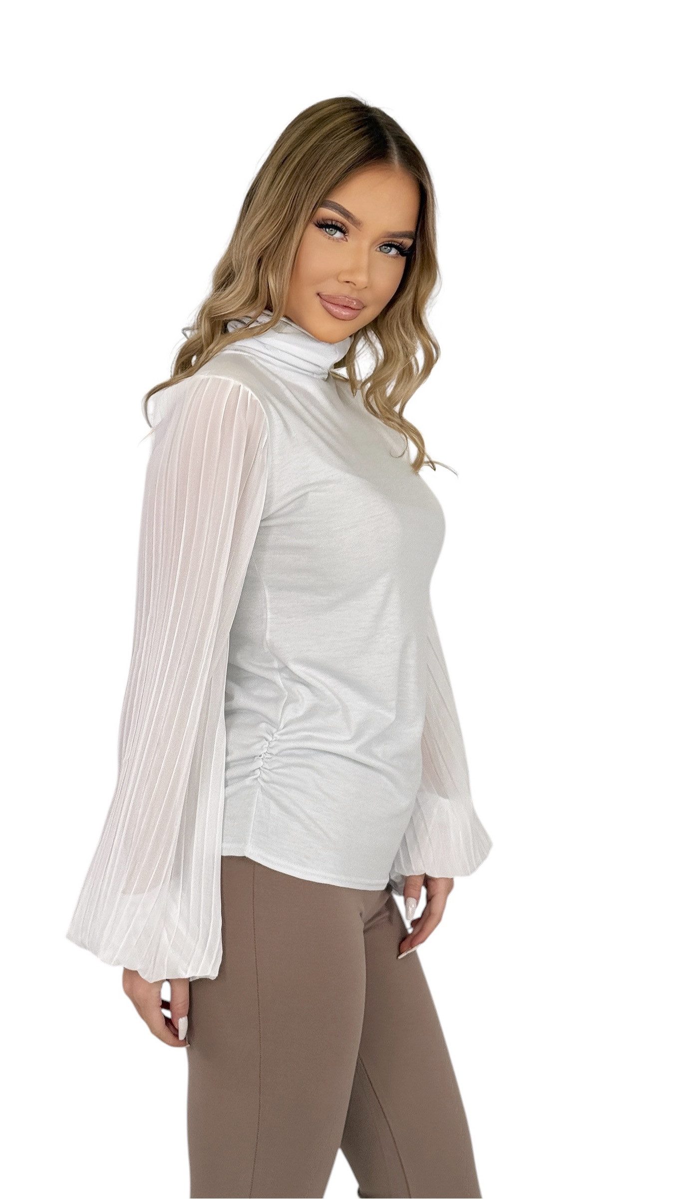 Mississhop Langarmbluse Damen Bluse Chiffon Rollkragen mit plissierten Ärmeln M.134 – Bild 5 von 5