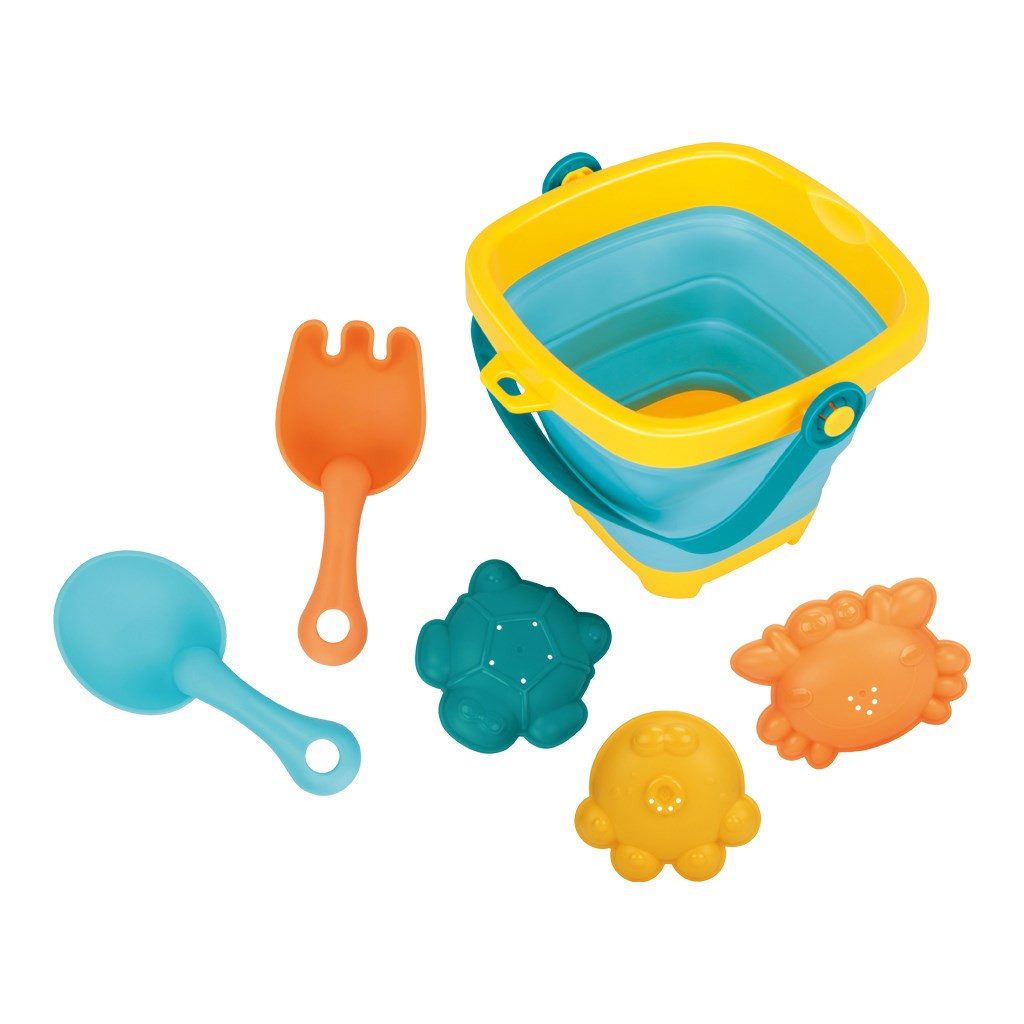BABY MIX Sandform-Set Strandspielset Falteimer Sandförmchen, (Spar-Set, 5-tlg., Formen 4-5 cm faltbar), faltbarer Eimer, Tierformen, abgerundete Kanten