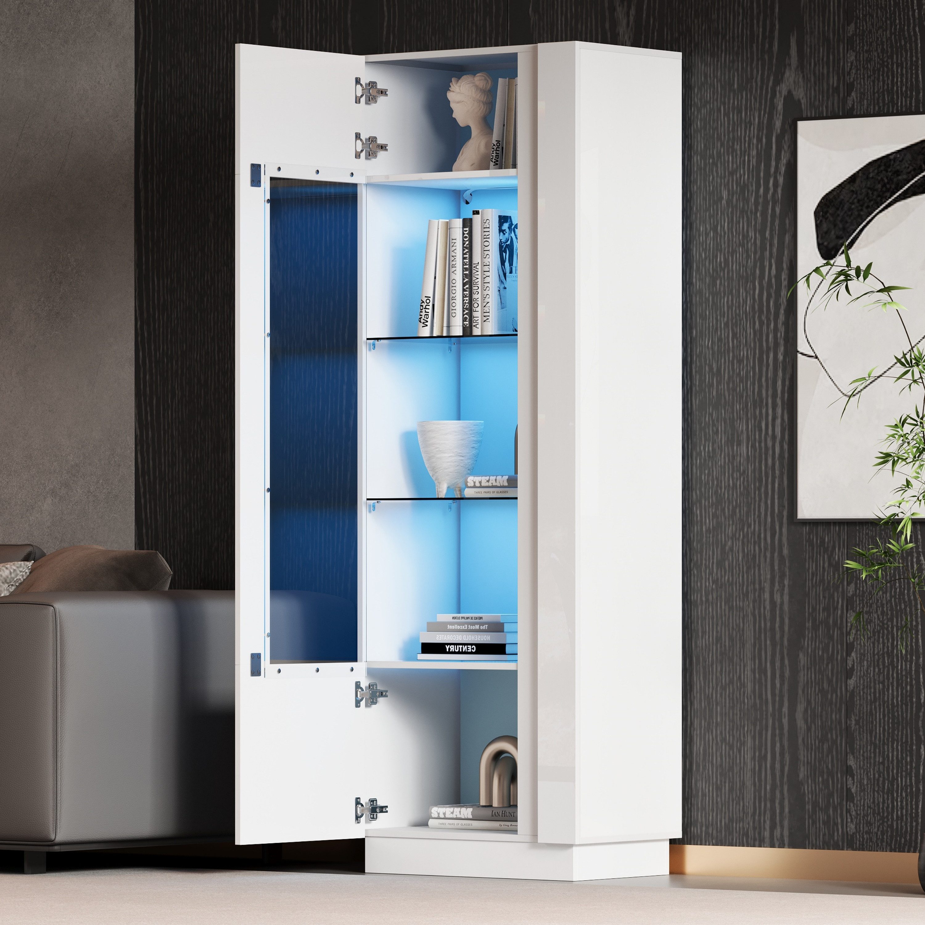 STILVORA Vitrine mit Glastrennwänden,Hochschrank Standvitrine mit LED-Licht&Acryltür (Highboard, Sofaschrank, 1-St., Schranktür aus Acryl + 3 Glasboden) Hochglanz Lagerschrank mit LED-Beleuchtung
