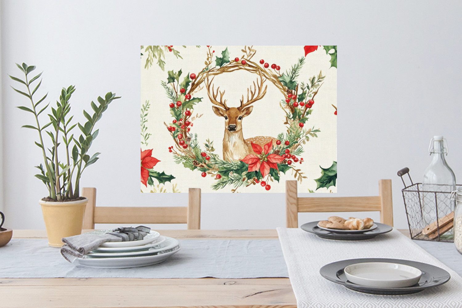 MuchoWow Wandsticker Weihnachtskranz - Hirsch - Stechpalme - Rot (1 St), Wandtattoo, Selbstklebend, Wohnzimmer, 80x60 cm