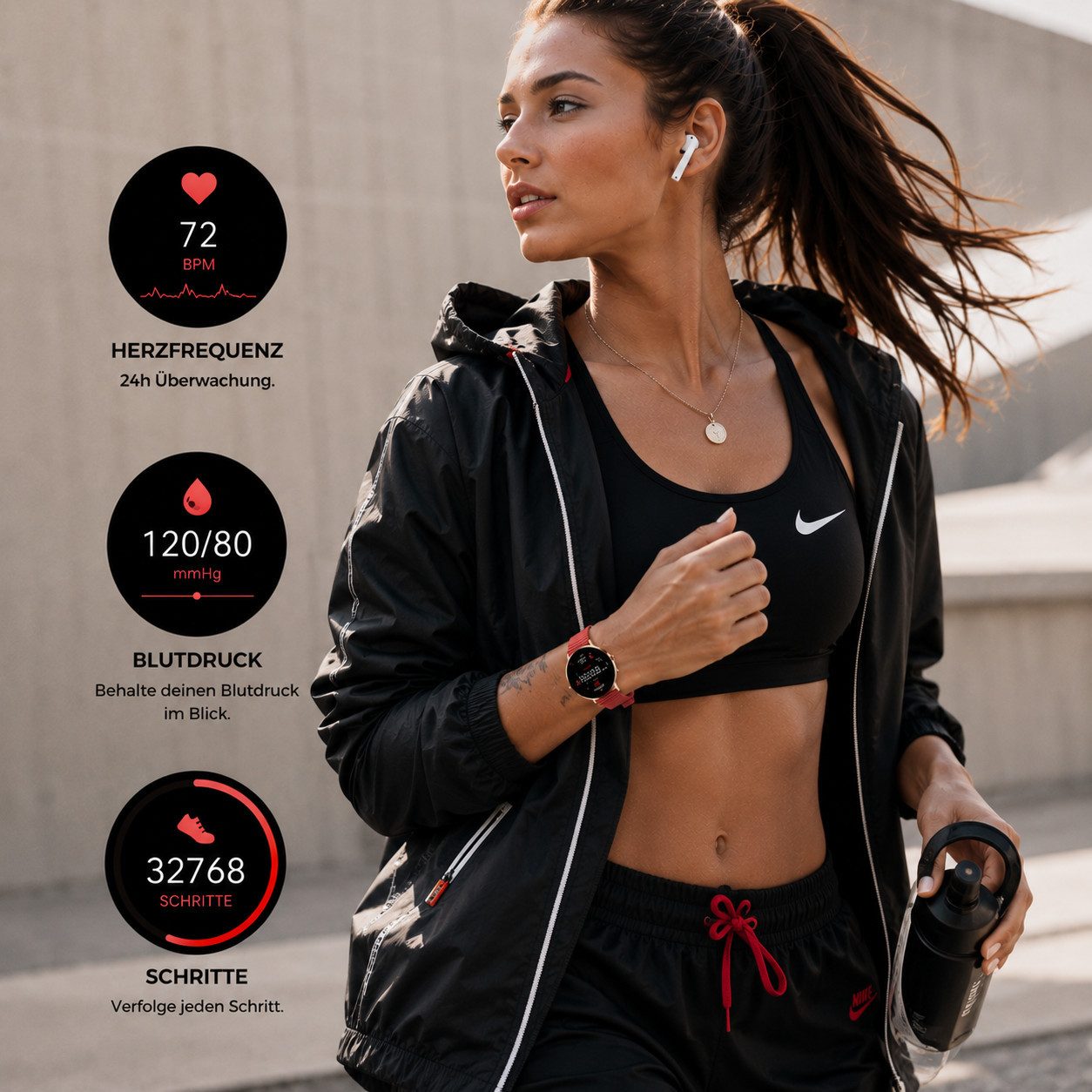 XCOAST SIONA 2 - ultraflache Damen Smartwatch (4,2 cm/1,3 Zoll, iOSAndroid) Kaminrot, Fitness Tracker, AMOLED, 1-tlg., 7 Tage Akku, Blutdruck, Wasserdicht, Puls, Blutdruck, AMOLED Display