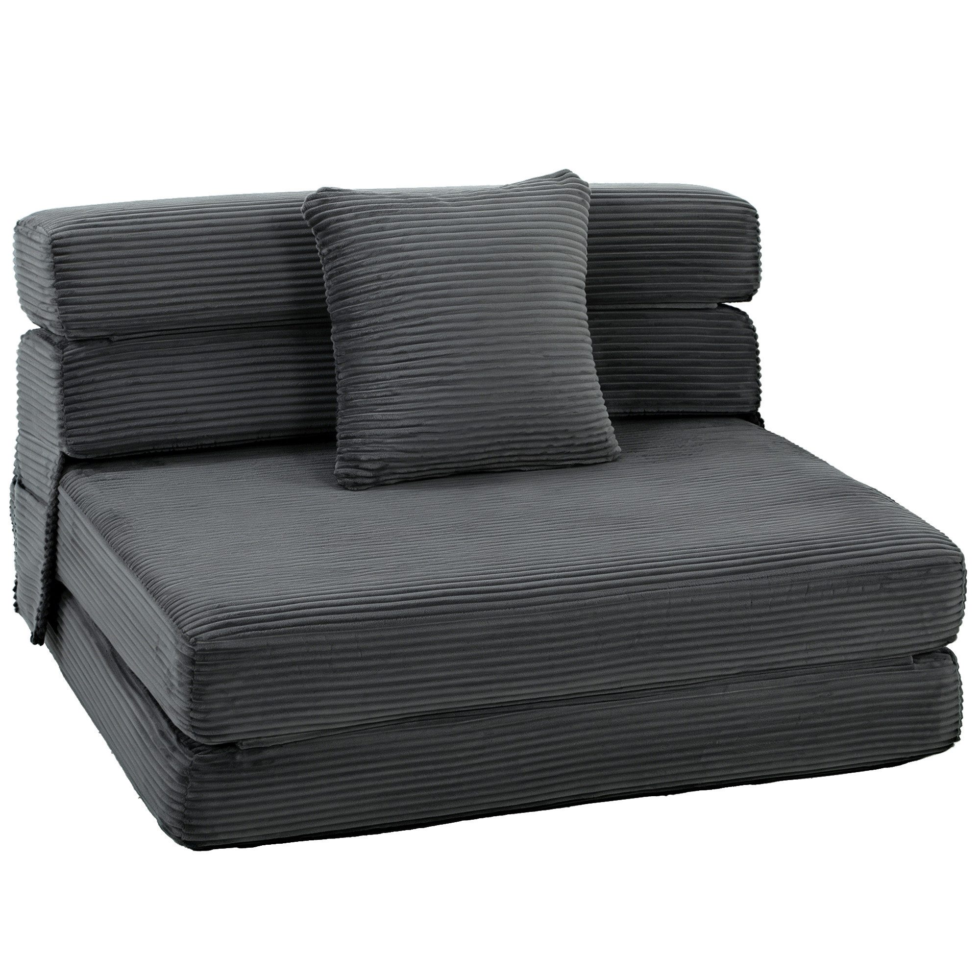 HOMCOM Bodenkissen Klappbar Schlafsessel Schlafsofa mit Schlaffunktion, Cord-Optik, 2-in-1 klappbar, Lendenkissen, Seitentaschen