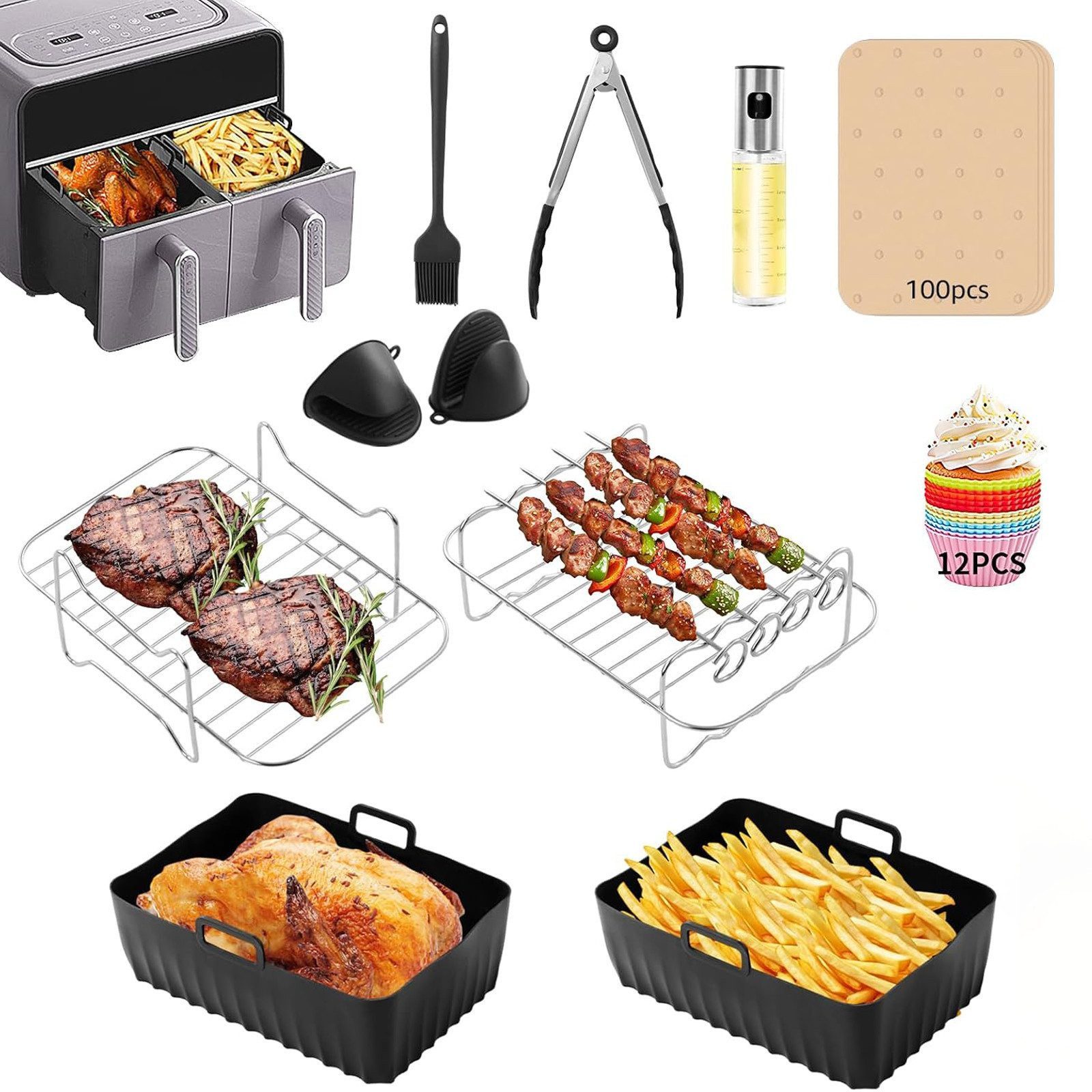 LEMLIT Küchenmaschinen Zubehör-Set 22 Stück Luftfritteusen Zubehör Heißluftfritteuse Zubehör für Ninja, Zubehör für 7,6L-9,5L Dual-Airfryer und passt auch für größere Airfryer wie den Ninja 7,6L (AF300EU), 9,5L (AF400EU), Princess 8L (182074), Innsky 8L, Emerio 9L (126672), Daewoo DK2FRYER und alle 7,6L-9,5L Zweikammer-Luftfritteusen., Airfryer Zubehör Set für 7,6-9.5L XXL Heissluftfritteuse