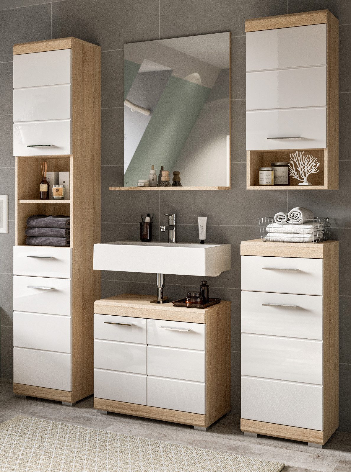 Inn.Furn Badmöbel-Set Mambo, (Badezimmer in weiß Hochglanz und Sonoma Eiche, 5-teilig, 164 x 191 cm), 13 Fächer und 2 Vollauszug Schubladen