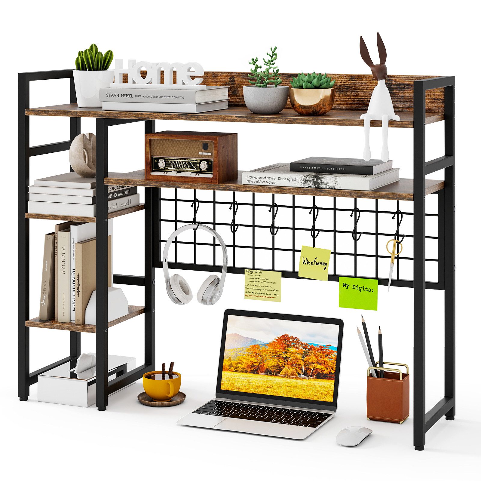 COSTWAY Bücherregal, Schreibtischregal Aufsatzregal mit Haken, 94x25x74cm