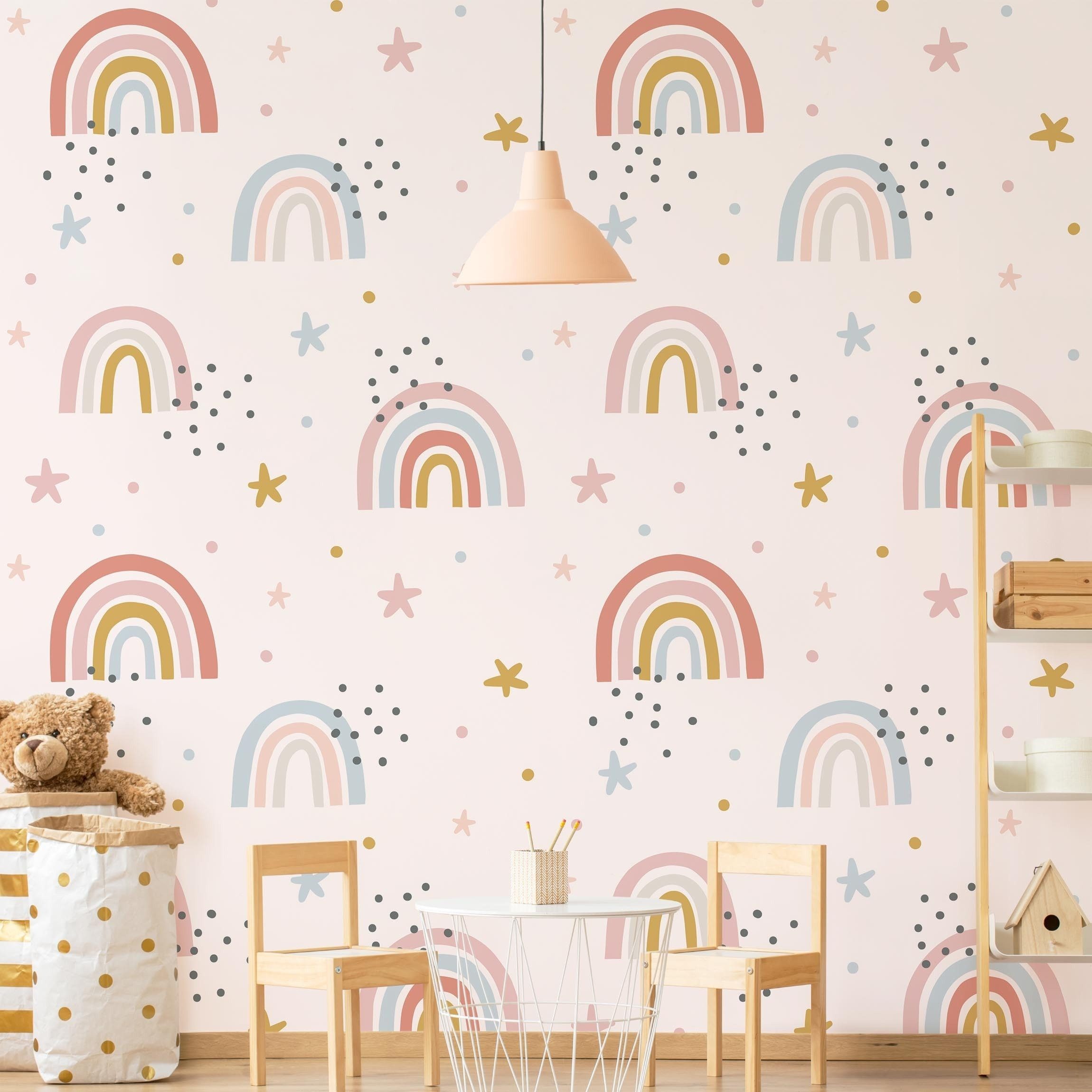 Bilderdepot24 Kindertapete Kinderzimmer Regenbogenwelt Sterne Pünktchen Kinder Wanddeko Muster, Glatt, Matt, (Vliestapete inkl. Kleister oder selbstklebend), Mädchenzimmer Jungenzimmer Babyzimmer Bildtapete Fototapete Wandtapete