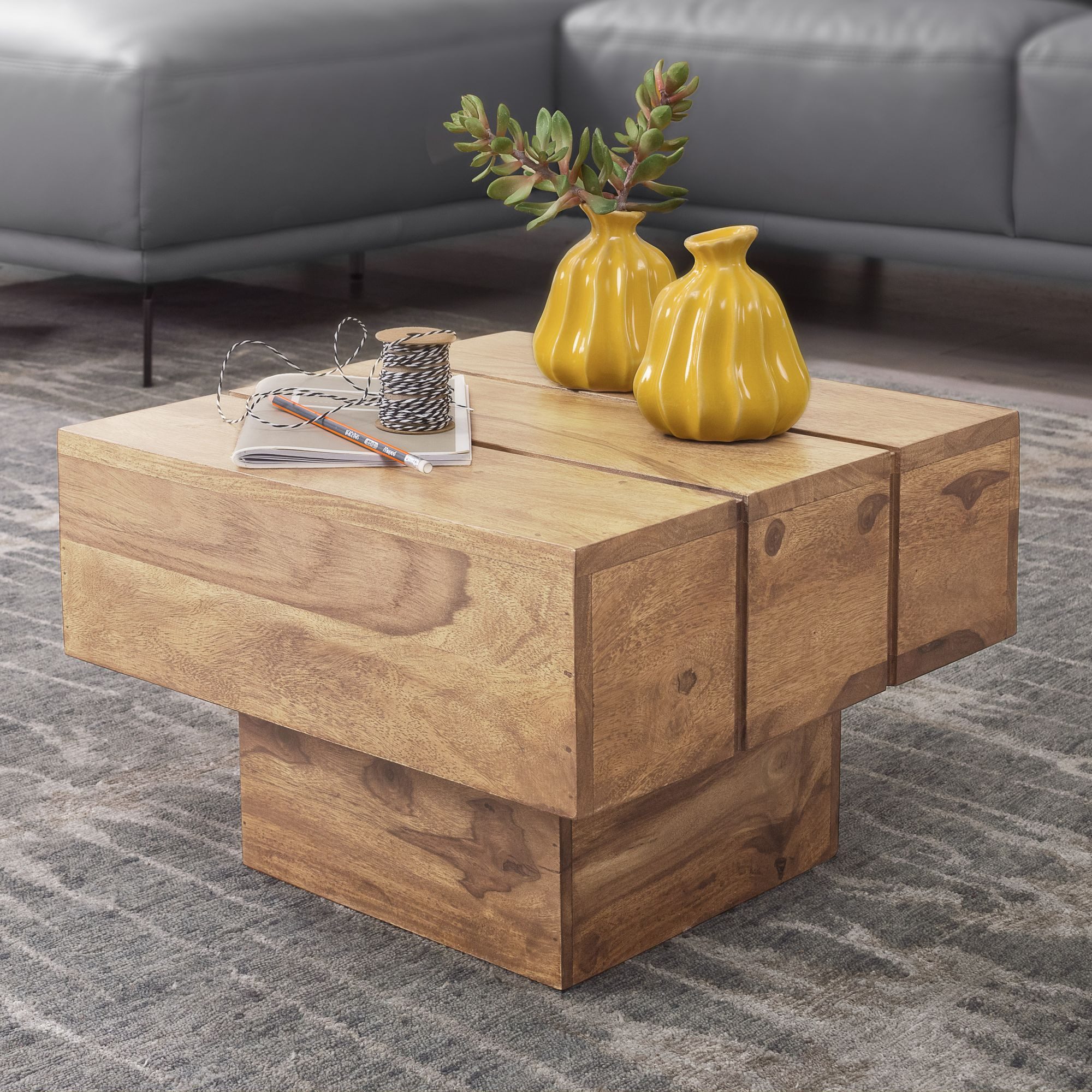 KADIMA DESIGN Couchtisch Beistelltisch Massivholz Akazie Wohnzimmertisch 44 x 44 x 30 cm, Couchtisch Massiv Landhaus Cube quadratisch