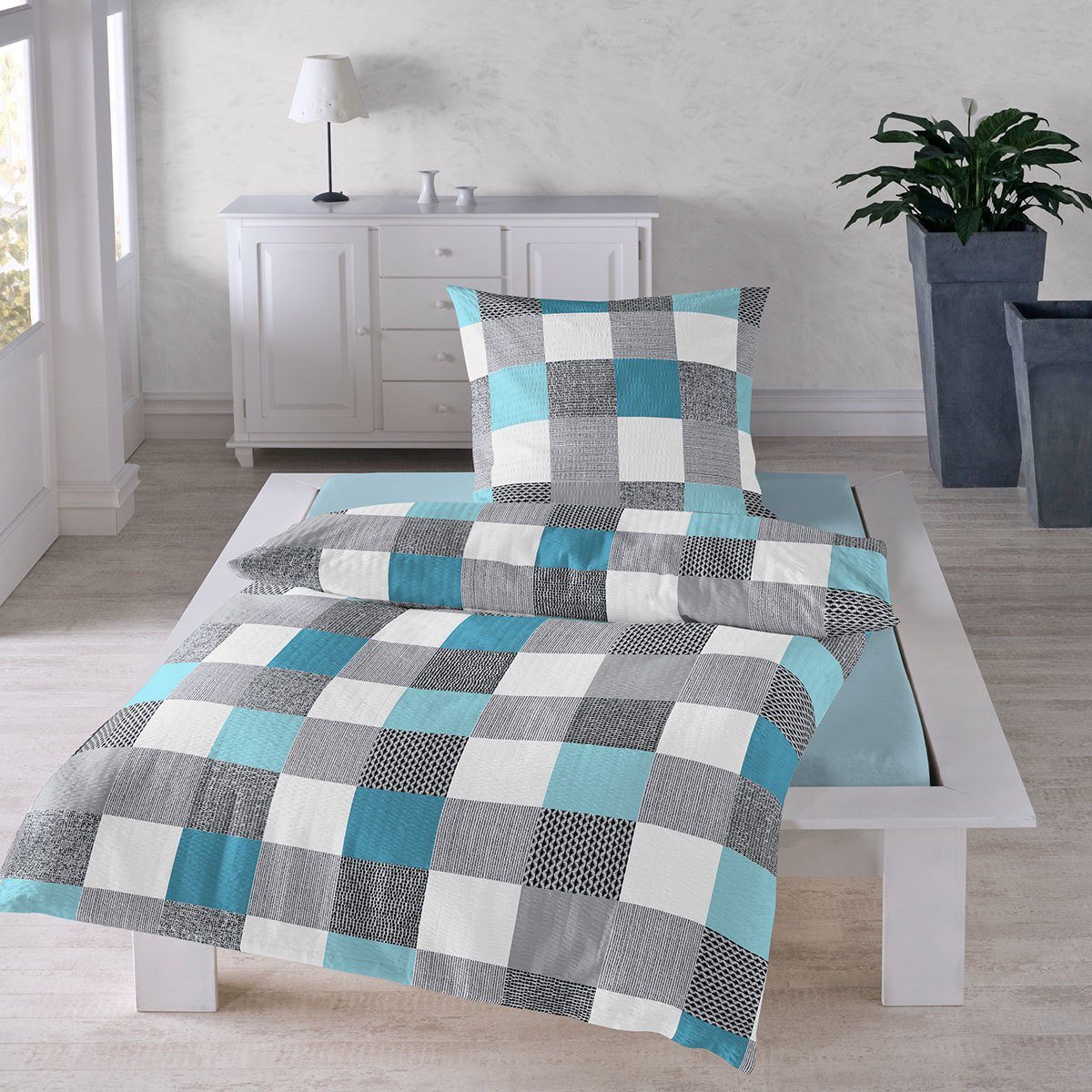 TRAUMSCHLAF Bettwäsche Karo aqua, Seersucker, 2 teilig, bügelfreie Seersuck günstig online kaufen