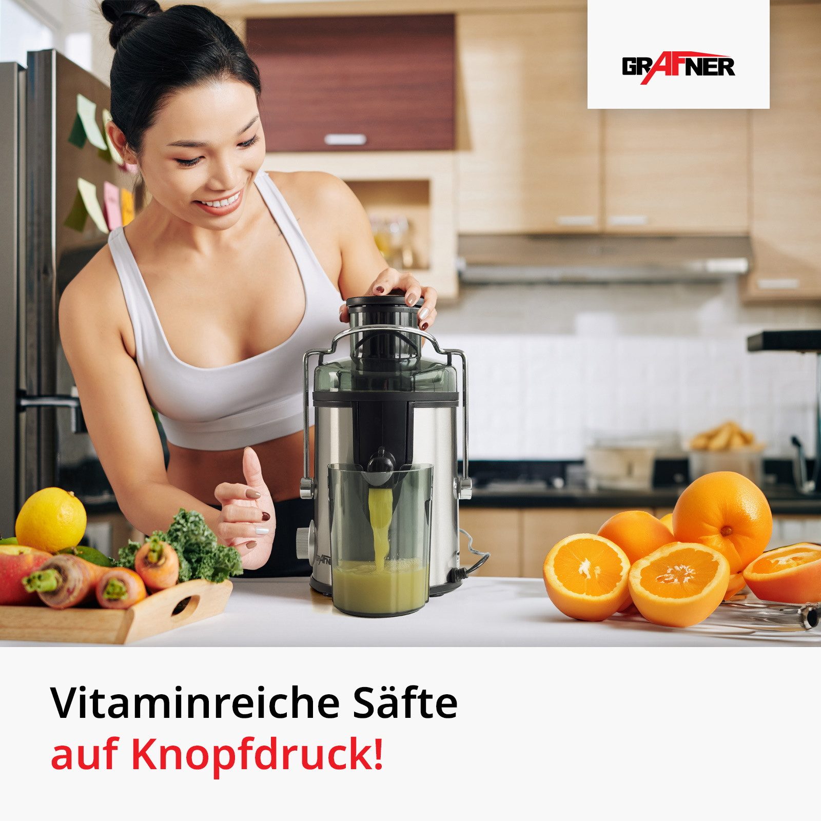 Grafner Entsafter Entsafter für Obst und Gemüse aus Edelstahl, 400,00 W, Tresterbehälter 1,5l, Saftbehälter 450ml