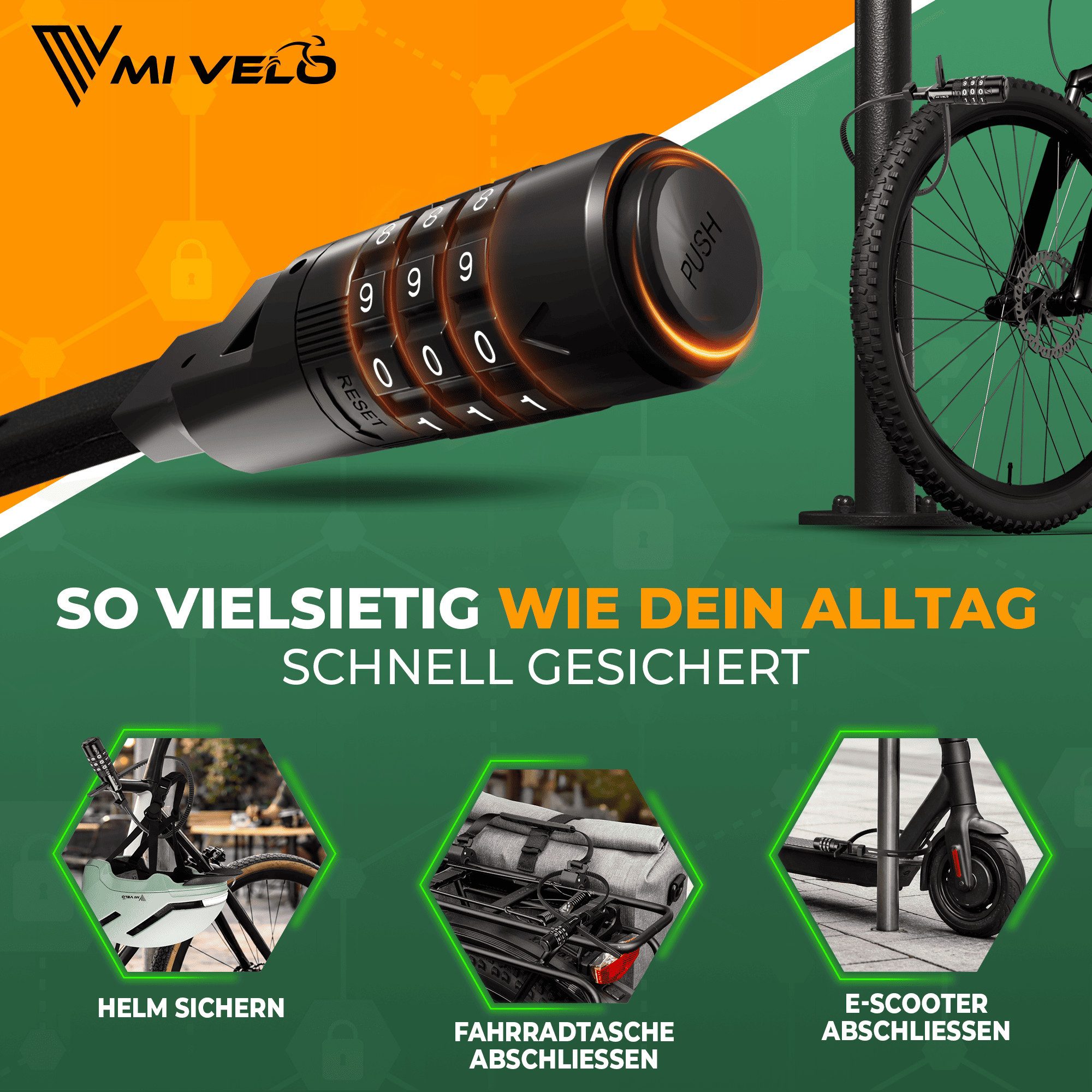 MIVELO Kabelschloss Fahrrad Kabelbinder-Schloss mit Zahlencode extra leicht und flexibel, inkl. Stahlkern