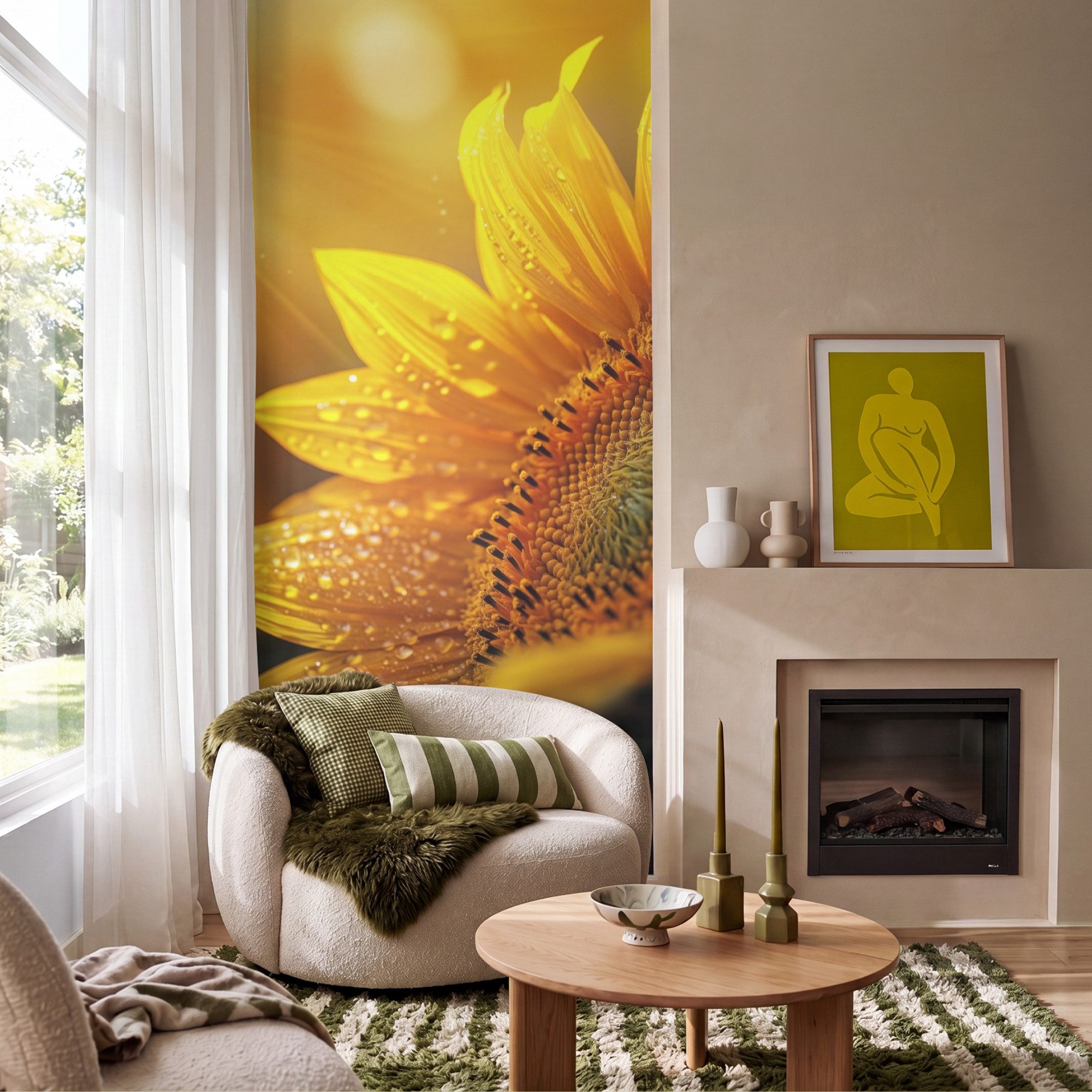 OnlyWow Fototapete Sonnenblume - Tautropfen - Gelb - Sonnenlicht, Matt, bedruckt, Wandtapete, Schlafzimmer, Wanddekoration 100x220cm