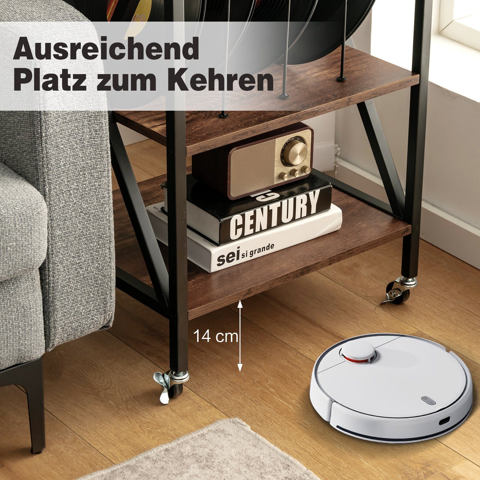 COSTWAY Nachttisch, Plattenspielerständer, rollbar, Metall, 45x52x75cm