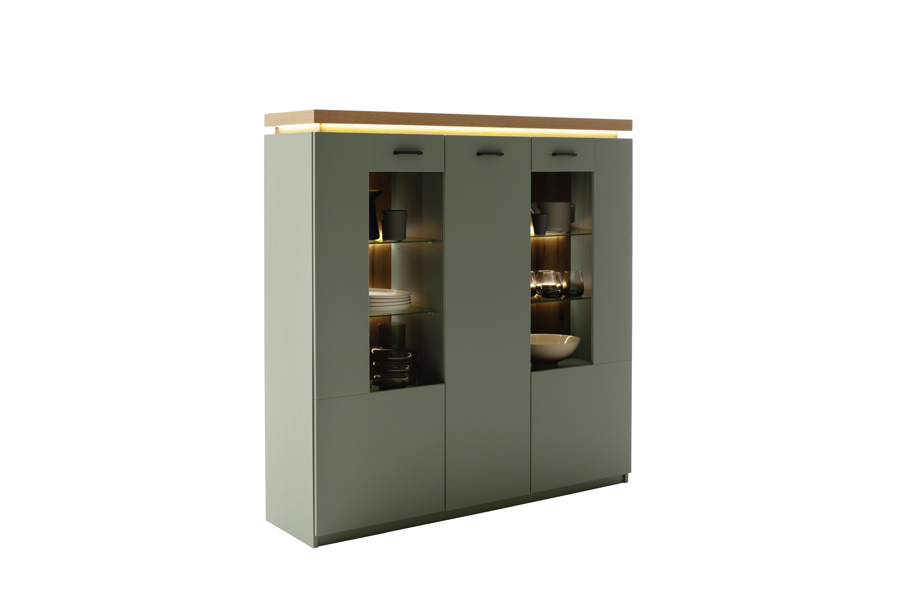 freiraum Stauraumvitrine MONIZ 3 Türen, LED, Salbei grün/ Eichenfarben Dekor - 138x144x38 (BxHxT)
