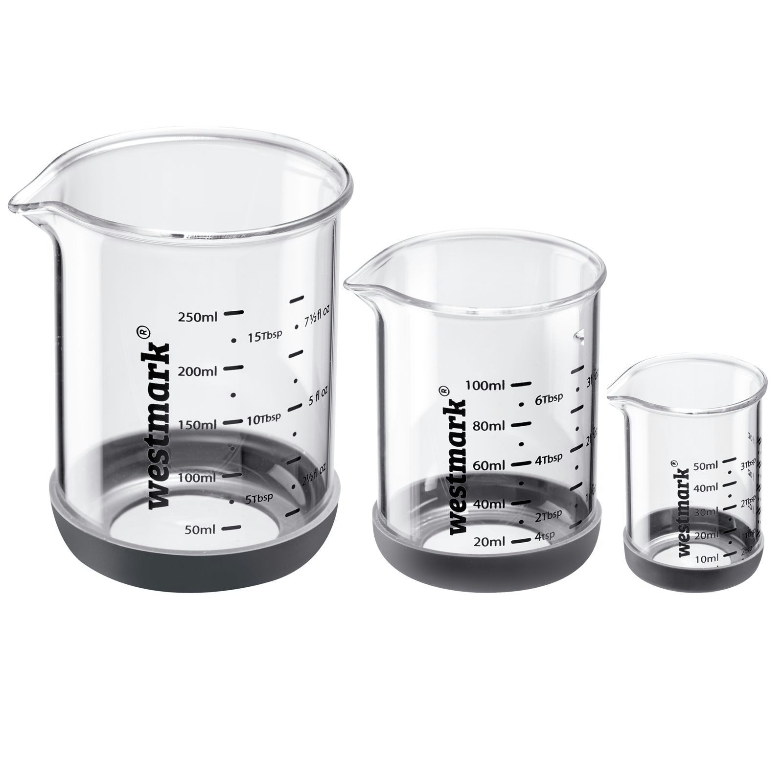 WESTMARK Messbecher Messglas-Set, 3tlg., 50, 100, 250 ml, Borosilikatglas, Silikon, (Set, 3-St), Skalen in ml, Tbsp, tsp und fl oz