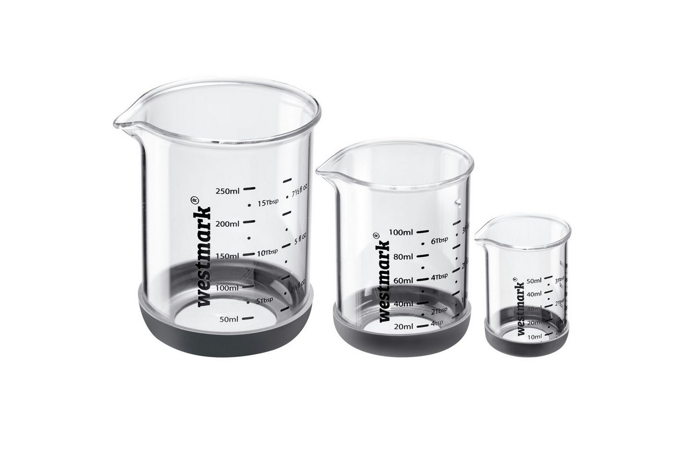 WESTMARK Messbecher Messglas-Set, 3tlg., 50, 100, 250 ml, Borosilikatglas, Silikon, (Set, 3-St), Skalen in ml, Tbsp, tsp und fl oz