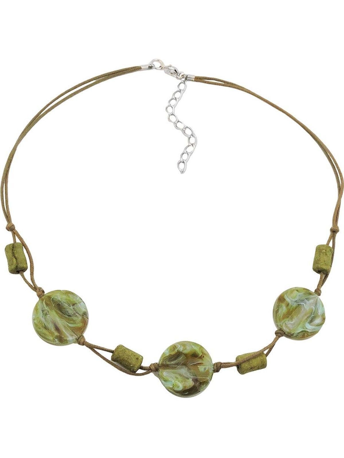 Gallay Perlenkette 3x Scheibe Kunststoff oliv-türkis-marmoriert Kordel olivgrün 45cm (1-tlg) | Perlenketten