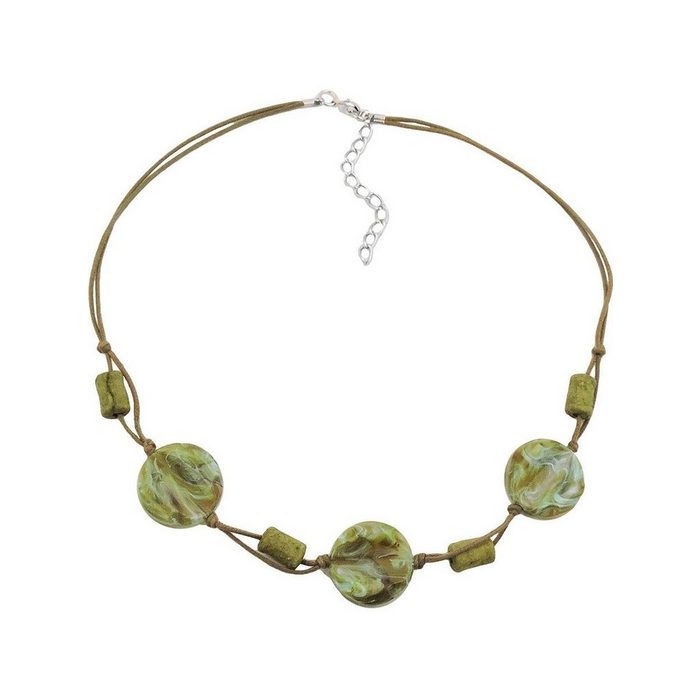 Gallay Perlenkette 3x Scheibe Kunststoff oliv-türkis-marmoriert Kordel olivgrün 45cm