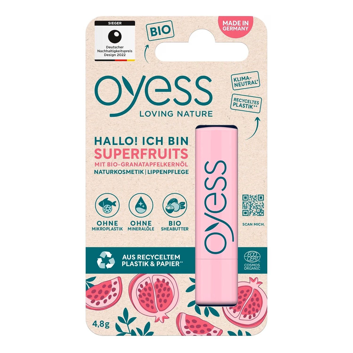 oyess Lippenbalsam 1x OYESS loving nature Oyess Lippenpflege Superfruits 4,8 g, 1-tlg., pflegender Lippenpflegestift für trockene Lippen
