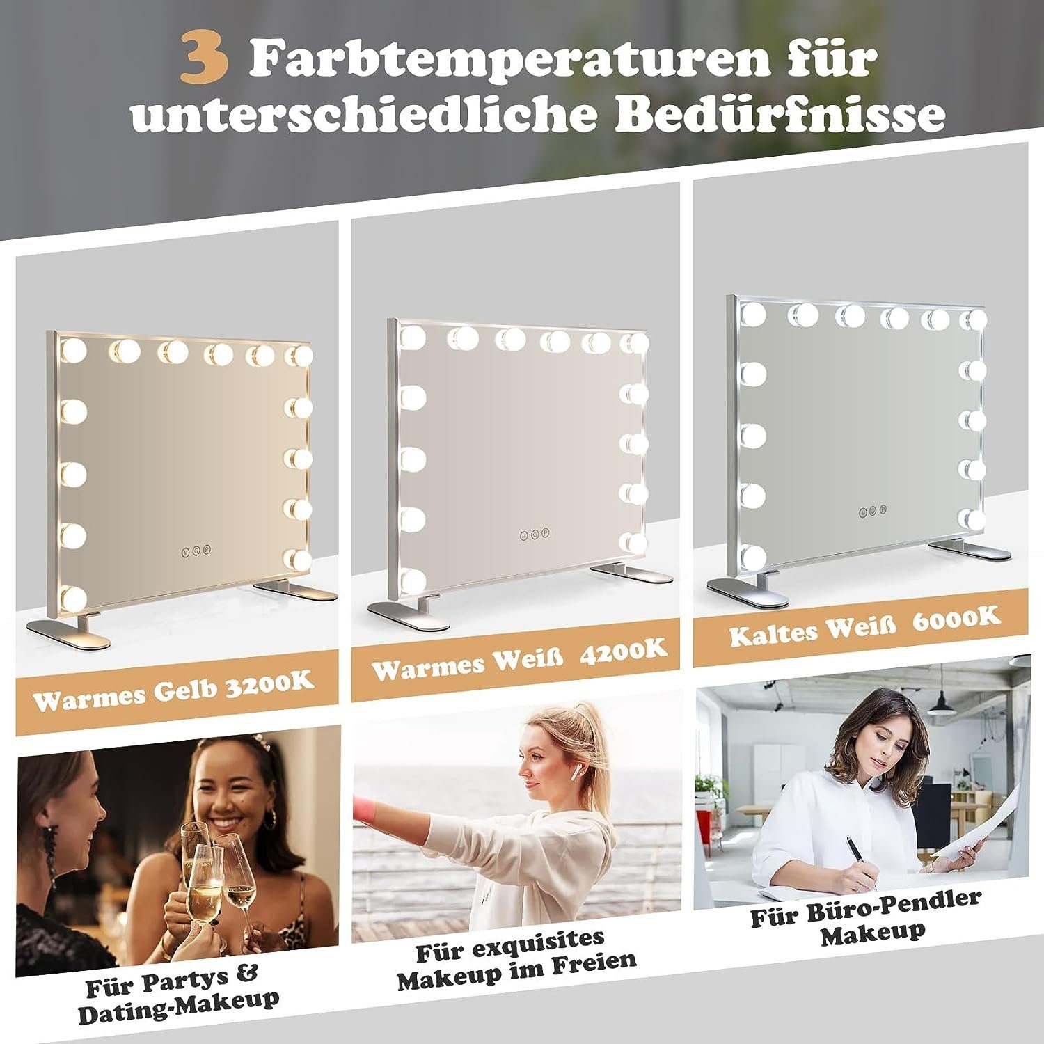 18 Schminkspiegel x43cm mit LED-Lampen, mit 14 dimmbaren Beleuchtung, x KOMFOTTEU 50