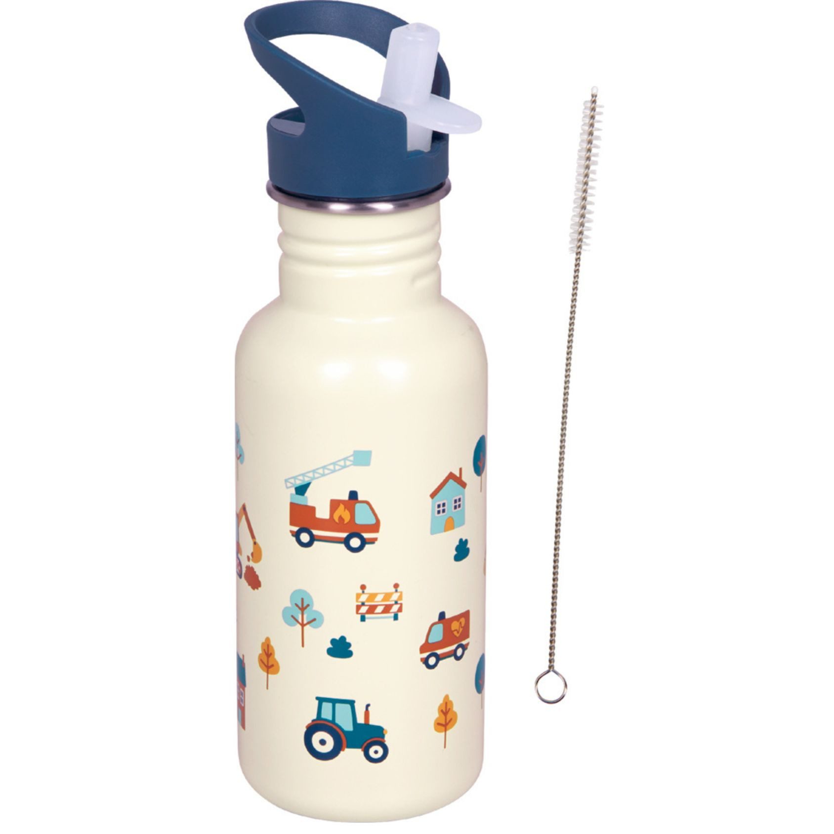 COPPENRATH DIE SPIEGELBURG Trinkflasche Edelstahlflasche „Fahrzeuge “ 0,5 l Trinkflasche mit Reinigungsbürste, Leicht zu öffnender Deckel