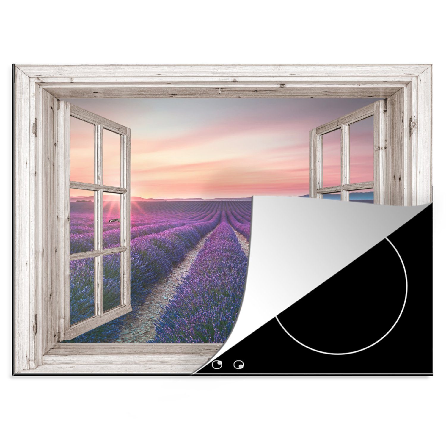 MuchoWow Herdblende-/Abdeckplatte Durchsichtig - Lavendel - Blumen - Holz - Sonnenuntergang - Lila, Vinyl, (1 tlg), 70x52 cm, Mobile Arbeitsfläche nutzbar, Ceranfeldabdeckung