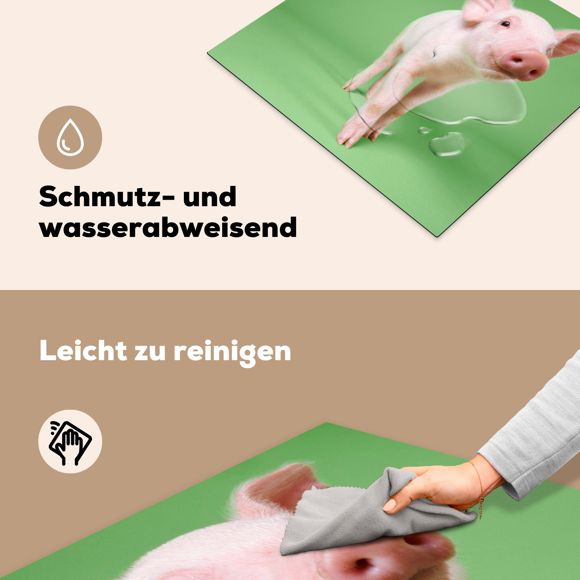 MuchoWow Herdblende-/Abdeckplatte tlg), Schweinchen 60x52 grünem Vinyl, (1 Mobile Arbeitsfläche nutzbar, Hintergrund, Ceranfeldabdeckung mit Rosa cm