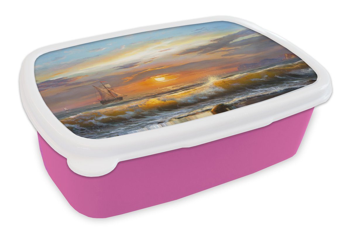Kinder, Kunststoff, Erwachsene, Malerei Ölfarbe, Snackbox, - rosa - für (2-tlg), MuchoWow Wasser Mädchen, Segelboot - Kunststoff Brotbox Brotdose Lunchbox