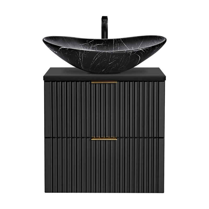 Lomadox Waschbeckenunterschrank »ADELAIDE-56-BLACK« Badezimmer Waschtisch, 61cm, matt schwarz gerillt mit Keramik-Waschbecken schwarz marmoriert, B/H/T ca. 61/200/46,5 cm