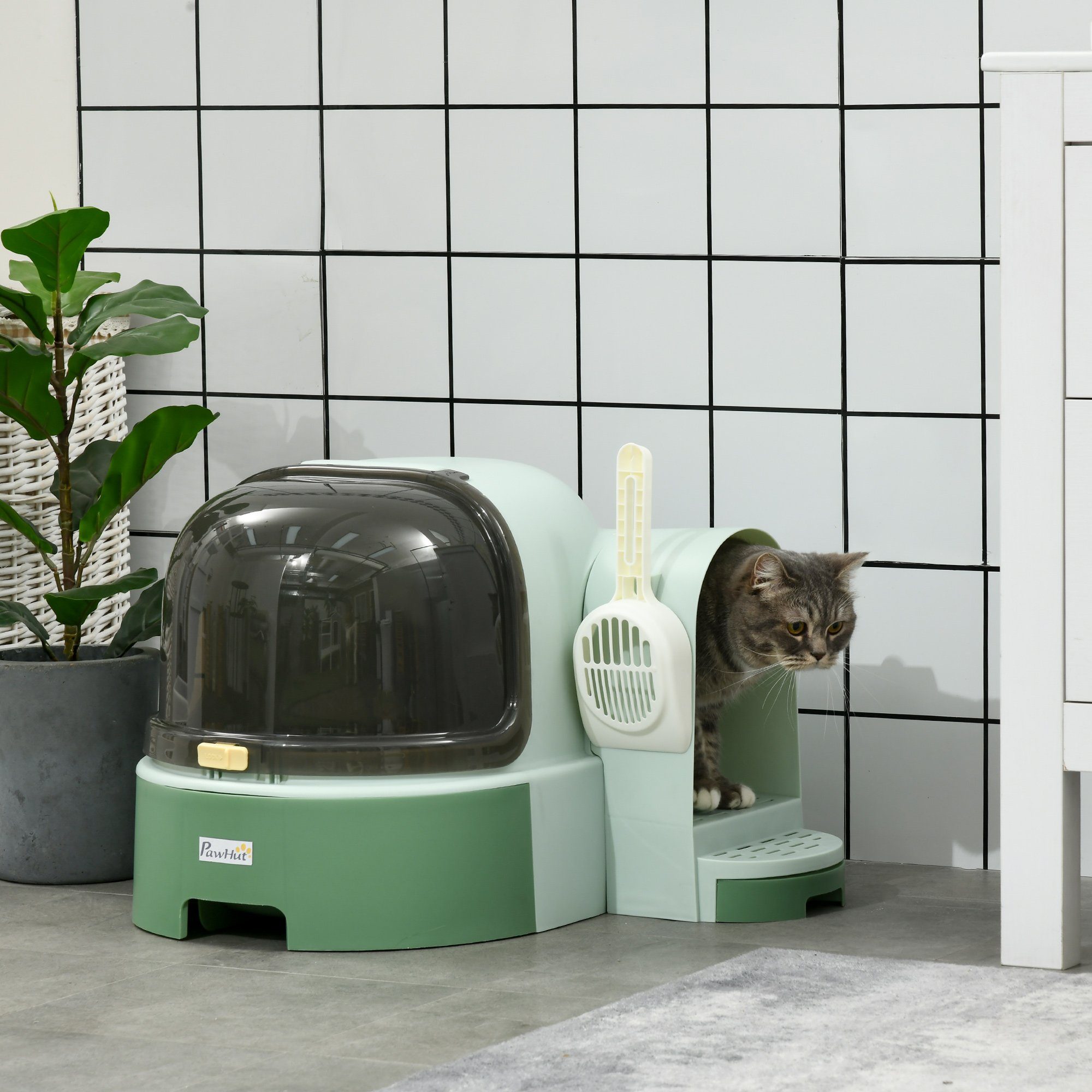 PawHut Katzentoilette geschlossenes Design, 2 Herausziehbarer Bodenwannen, Haube, Grün, 52L x 60B x 42H cm