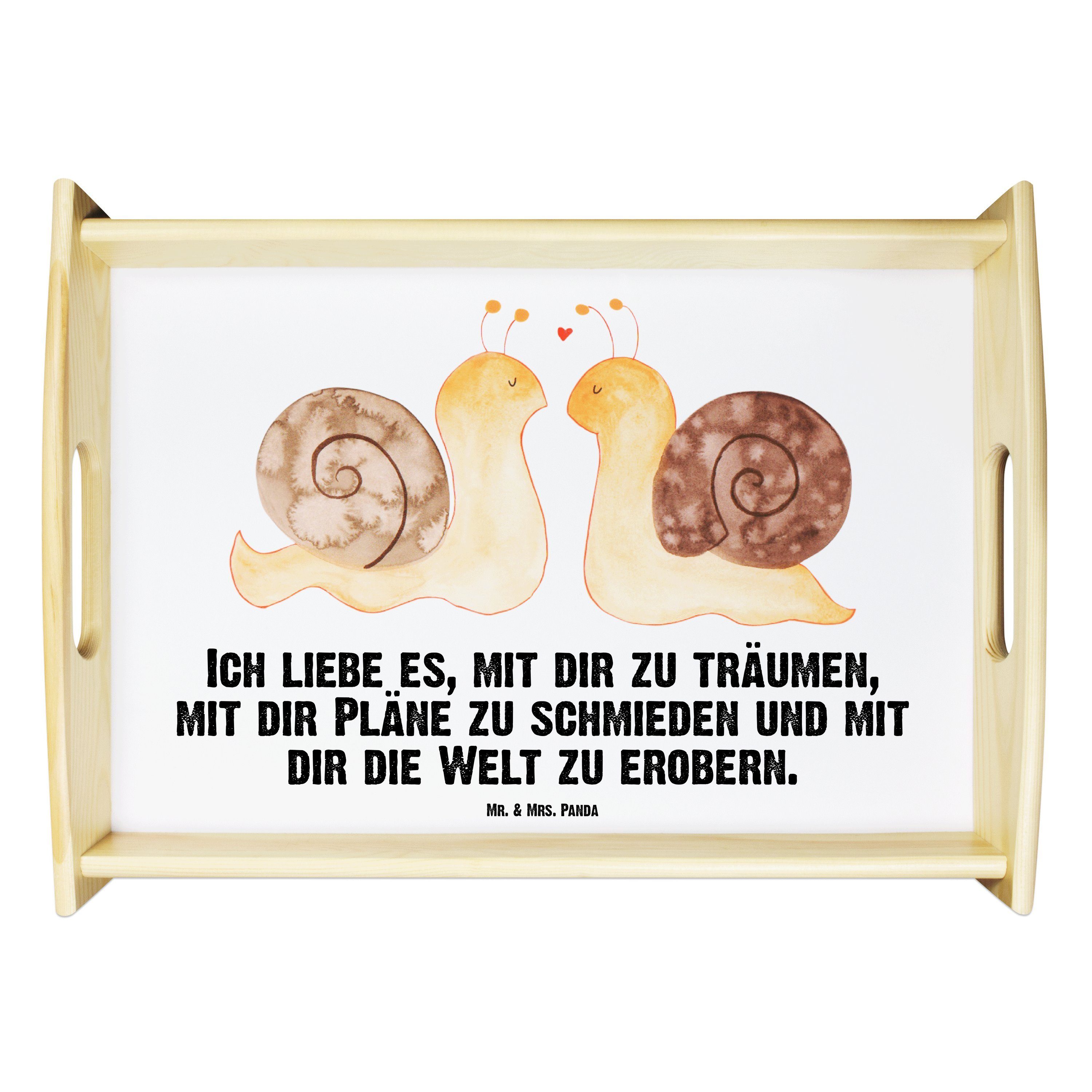 Mr. & Mrs. Panda Tablett Schnecken Liebe - Weiß - Geschenk, Dekotablett, Ehemann, Pärchen, Ver, Echtholz lasiert, (1-tlg)