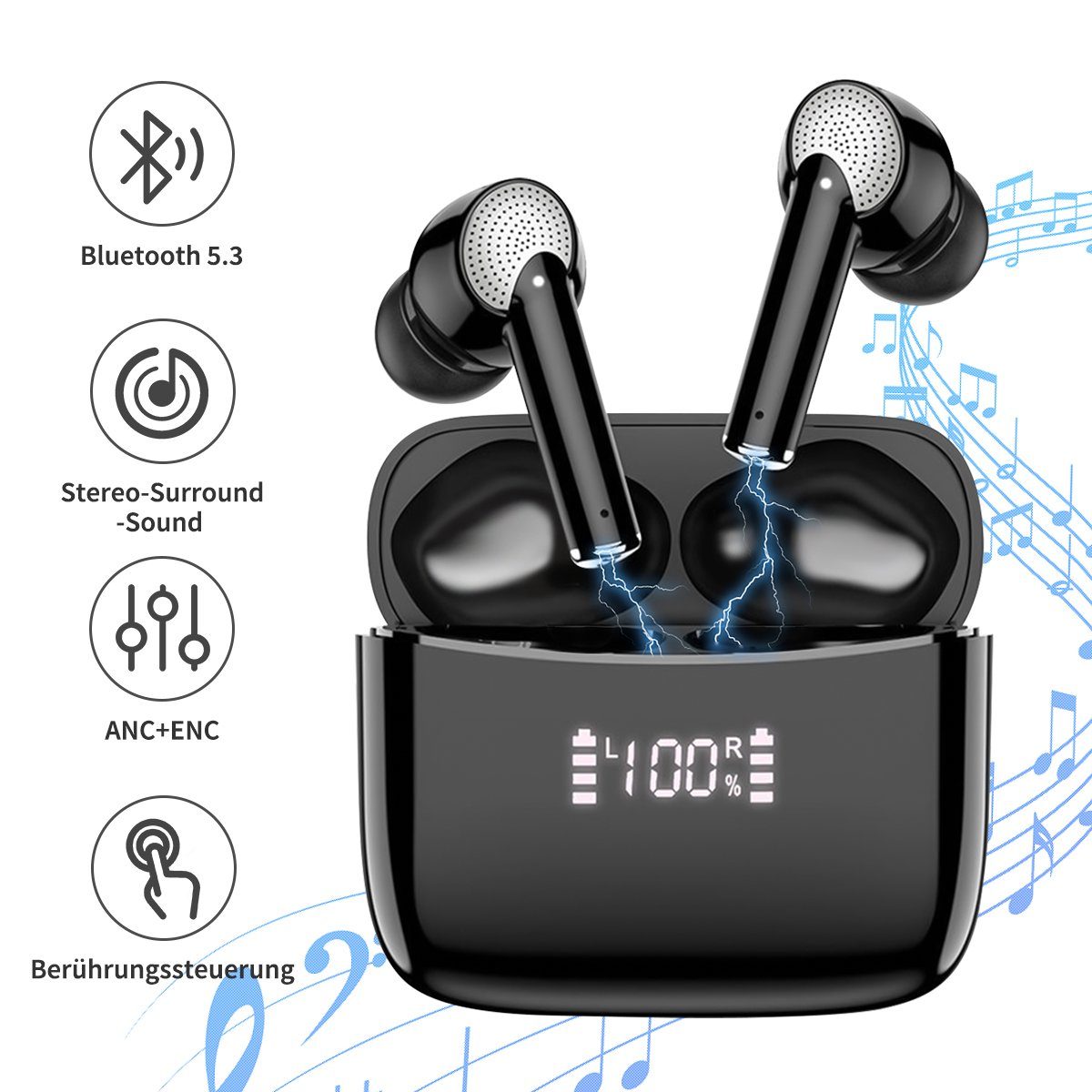 Greensky Bluetooth In-Ear-Kopfhörer Hi-Fi-Sound Ohrhörer wireless Kopfhörer (TWS,mit LED-Anzeige, Google Assistent, Siri, Bluetooth 5.2, Active Noise Cancelling (ANC), Echo Noise Cancellation (ENC) J8 pro, Schwarz