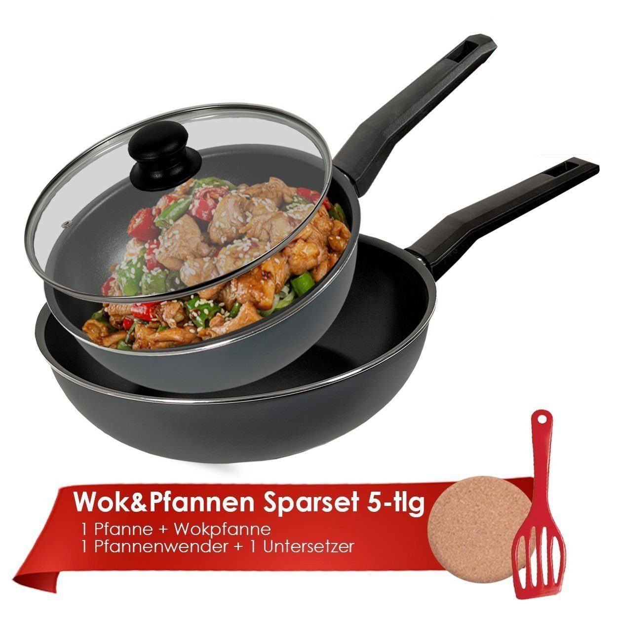 KESSMANN MICHELINO Pfannen-Set Induktionspfannen alle Pfanne Hochrandpfanne24cm+Deckel24cm+Wok28cm-5tlg Antihaftbeschichtung Zubehör Wokpfanne geschmiedete Bratpfannenset Herdarten Pfannenset, rund Induktionsgeeignet (Set, für für Aluminiumlegierung Set Herdarten), Bratpfanne Spülmaschinenfest + Hochrand robustes alle Bratpfannen mit